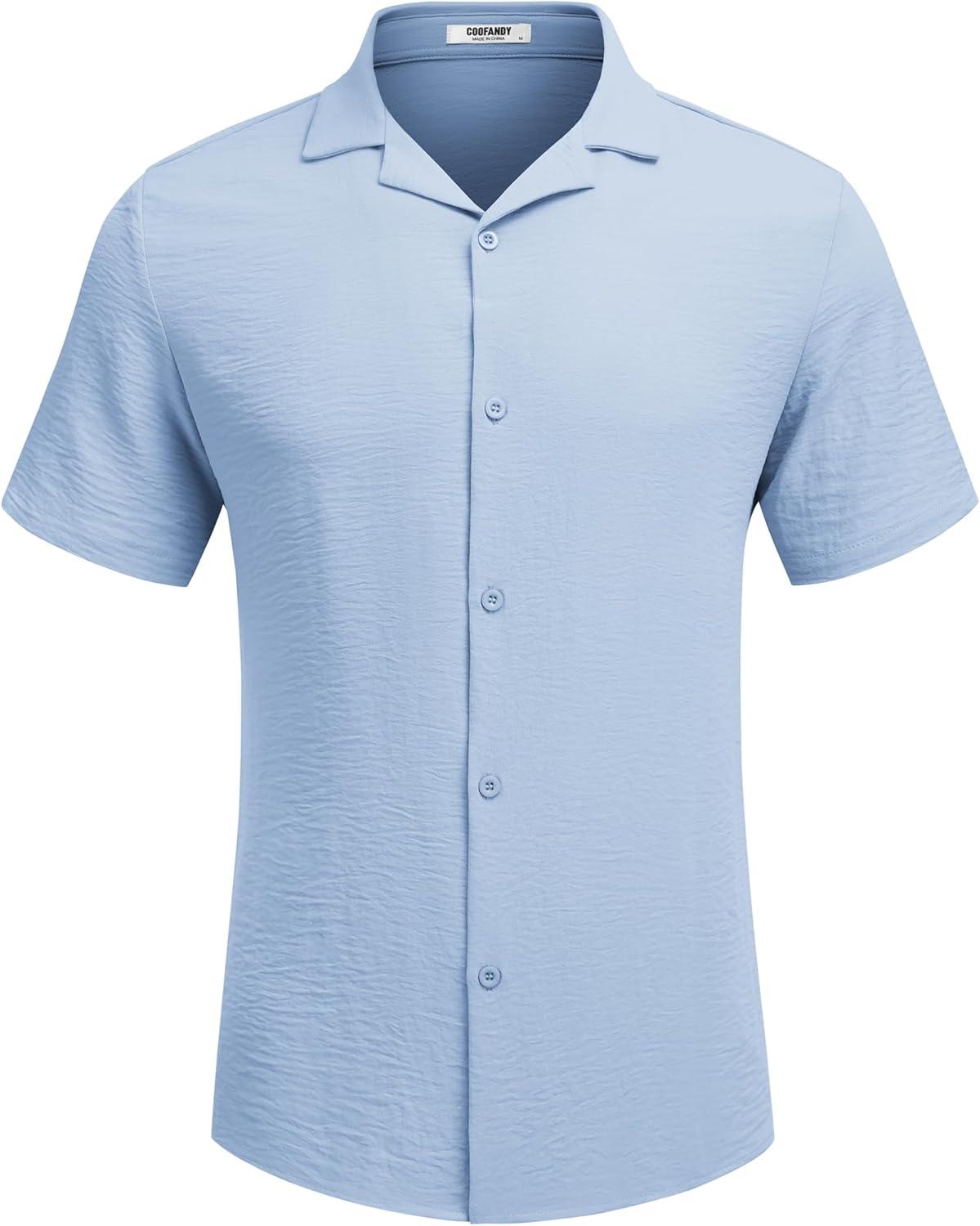 imageCOOFANDY Mens Casual Button Down Shirt Short Sleeve Textured Summer Cuban Beach ShirtsLight Blue