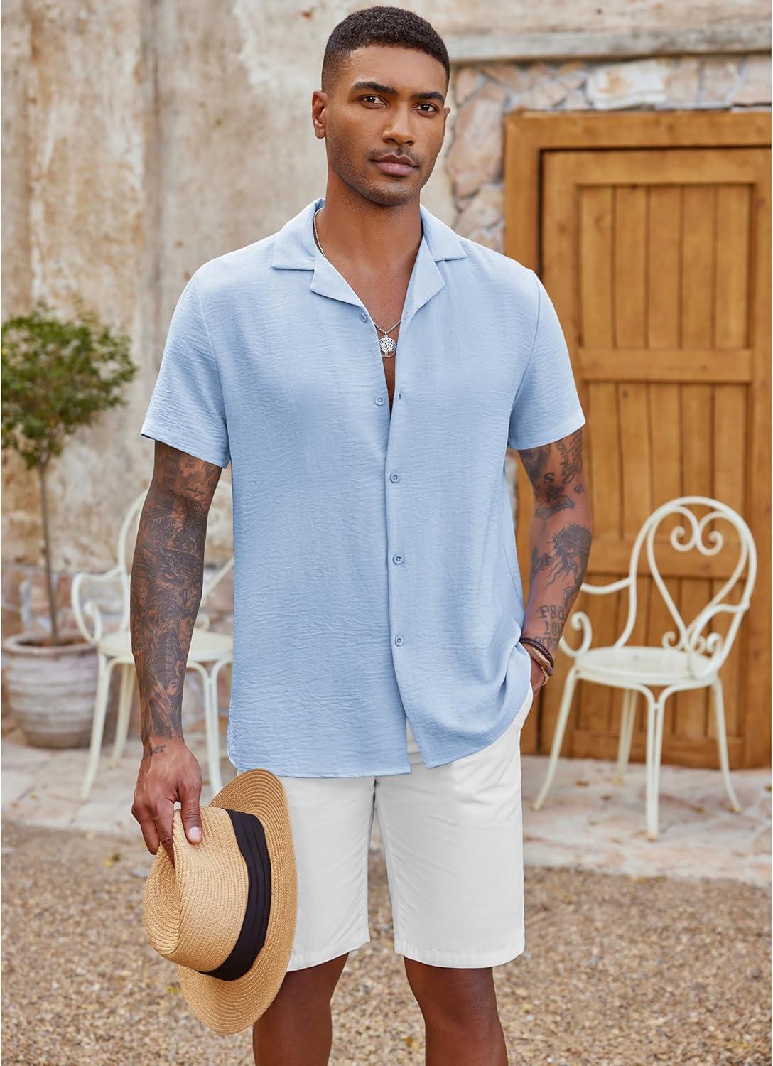 imageCOOFANDY Mens Casual Button Down Shirt Short Sleeve Textured Summer Cuban Beach ShirtsLight Blue