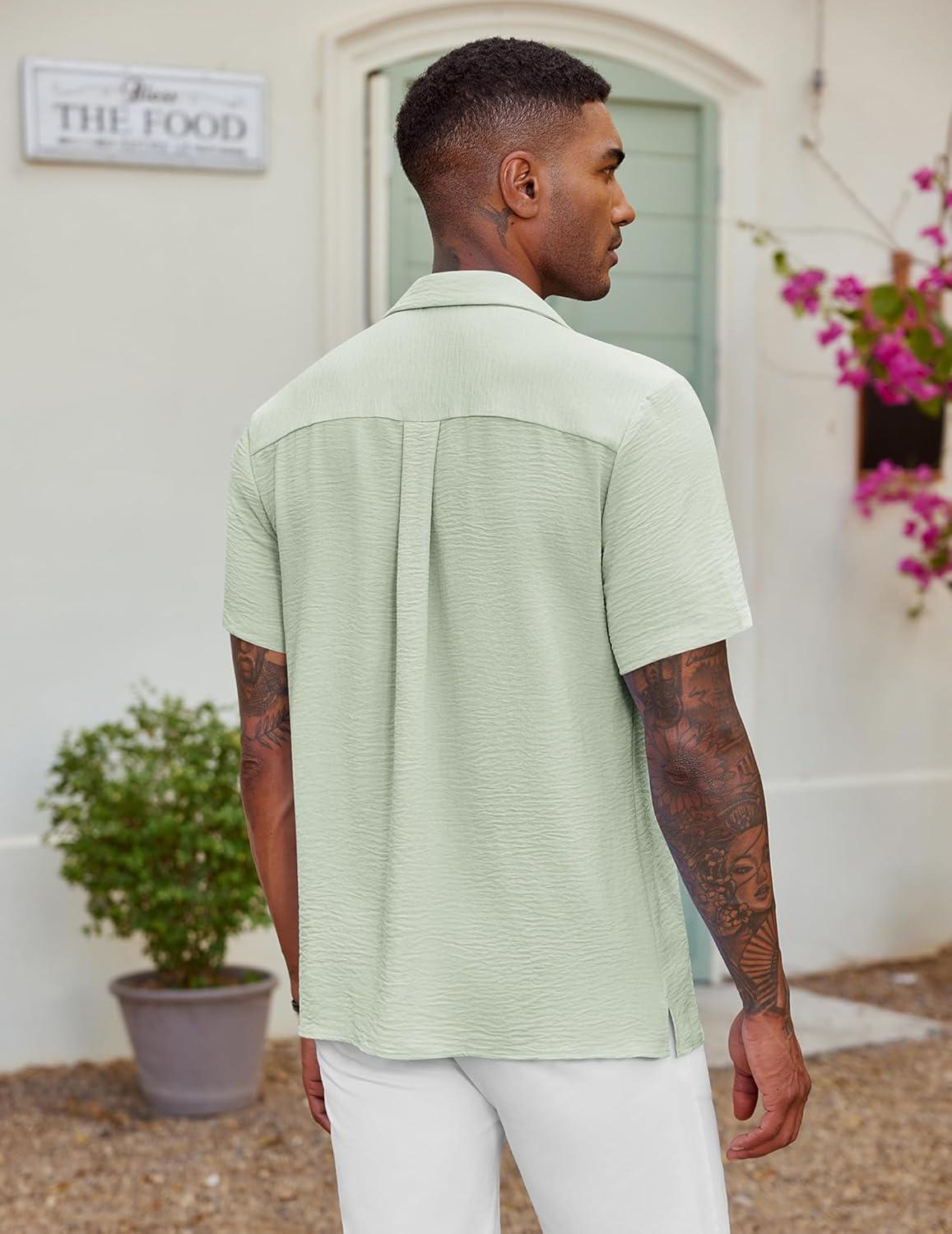 imageCOOFANDY Mens Casual Button Down Shirt Short Sleeve Textured Summer Cuban Beach ShirtsLight Green