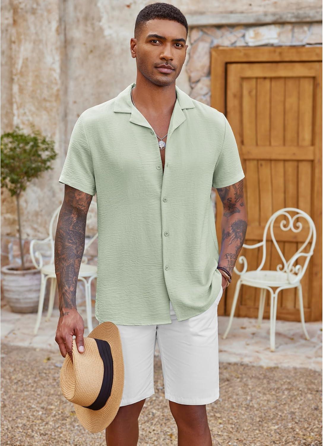 imageCOOFANDY Mens Casual Button Down Shirt Short Sleeve Textured Summer Cuban Beach ShirtsLight Green