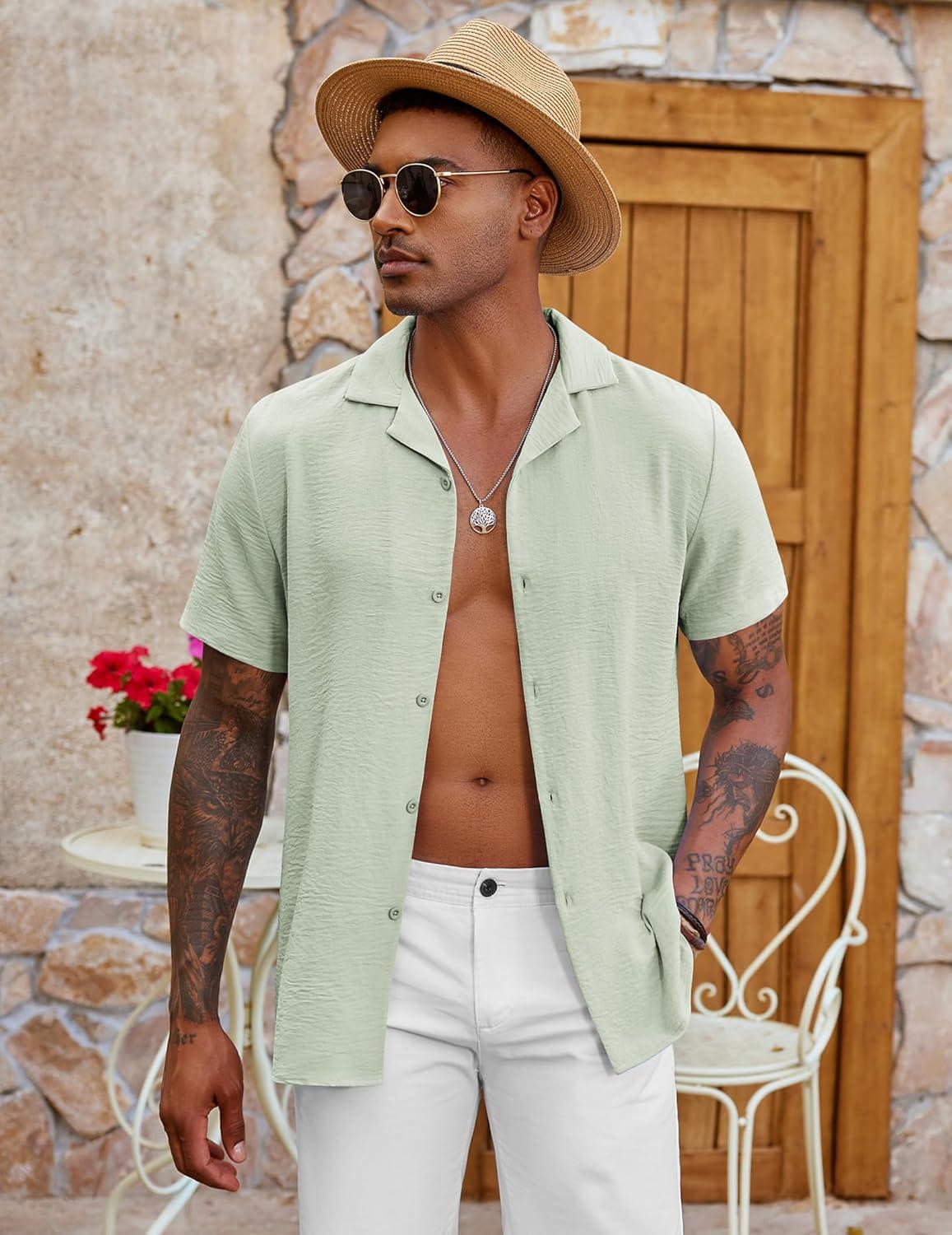 imageCOOFANDY Mens Casual Button Down Shirt Short Sleeve Textured Summer Cuban Beach ShirtsLight Green