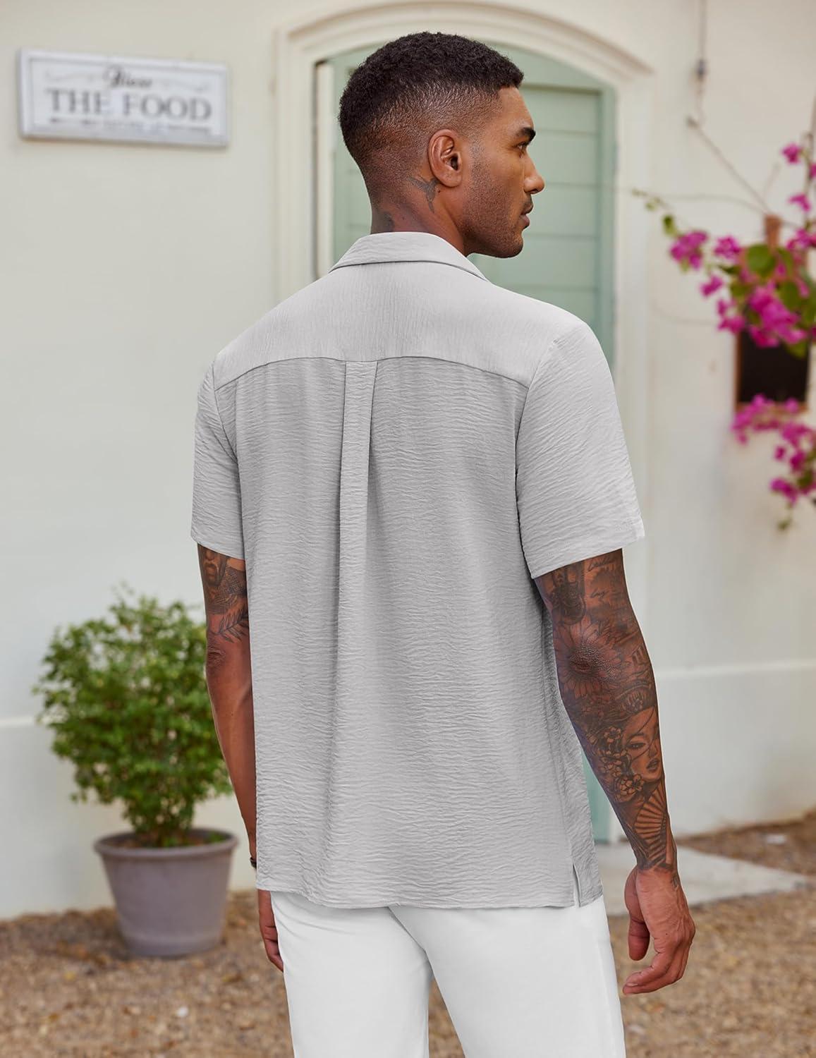 imageCOOFANDY Mens Casual Button Down Shirt Short Sleeve Textured Summer Cuban Beach ShirtsLight Grey