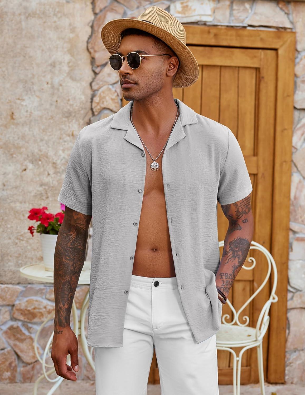imageCOOFANDY Mens Casual Button Down Shirt Short Sleeve Textured Summer Cuban Beach ShirtsLight Grey