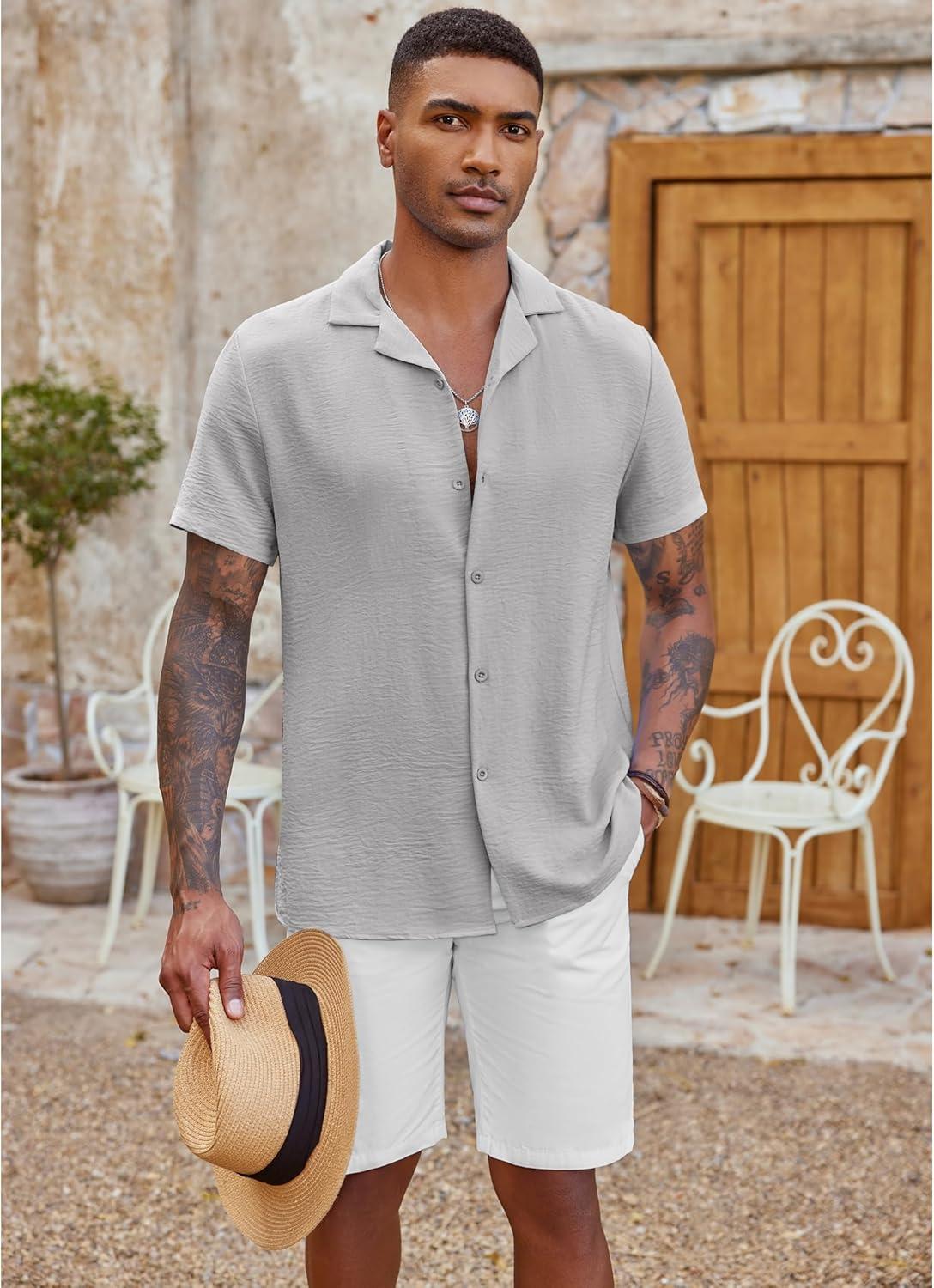 imageCOOFANDY Mens Casual Button Down Shirt Short Sleeve Textured Summer Cuban Beach ShirtsLight Grey