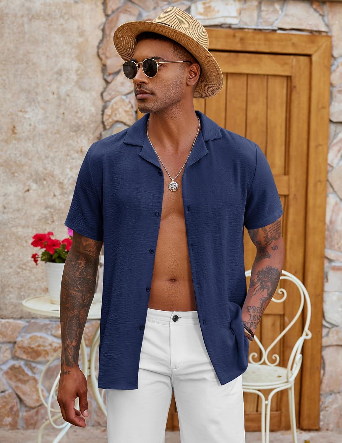 imageCOOFANDY Mens Casual Button Down Shirt Short Sleeve Textured Summer Cuban Beach ShirtsNavy Blue