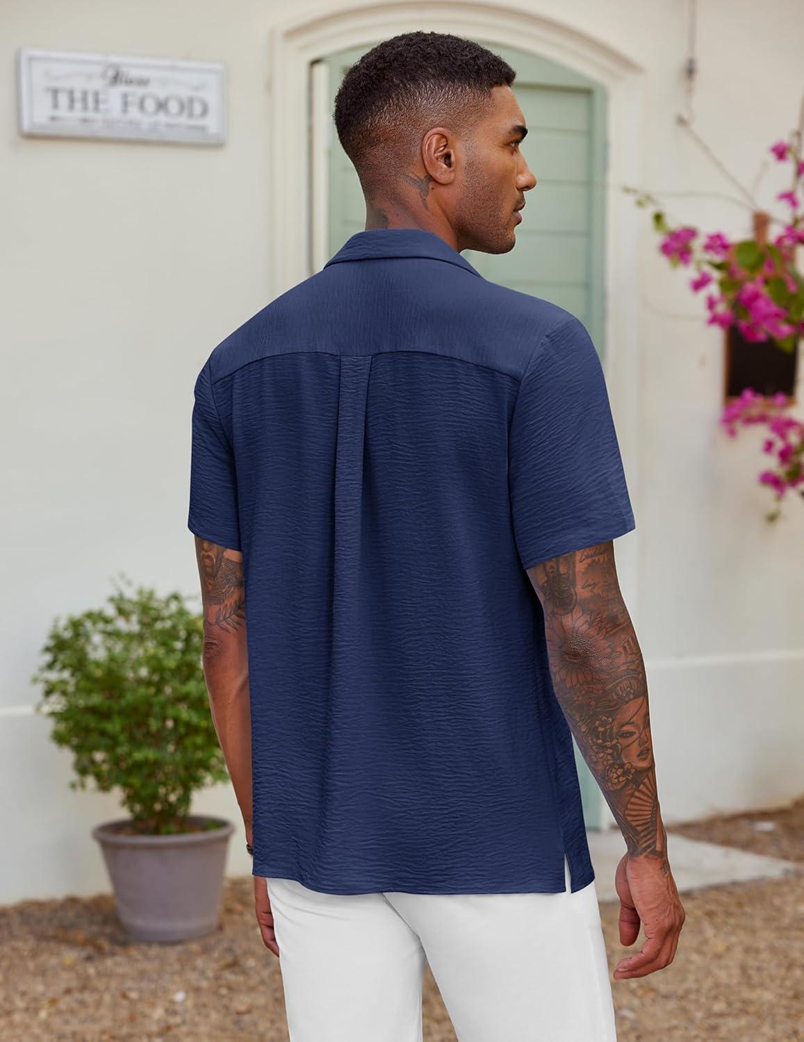 imageCOOFANDY Mens Casual Button Down Shirt Short Sleeve Textured Summer Cuban Beach ShirtsNavy Blue