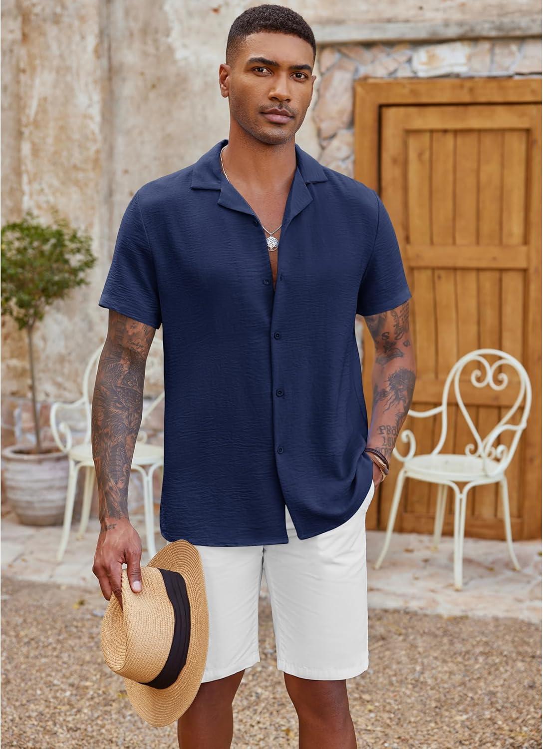 imageCOOFANDY Mens Casual Button Down Shirt Short Sleeve Textured Summer Cuban Beach ShirtsNavy Blue