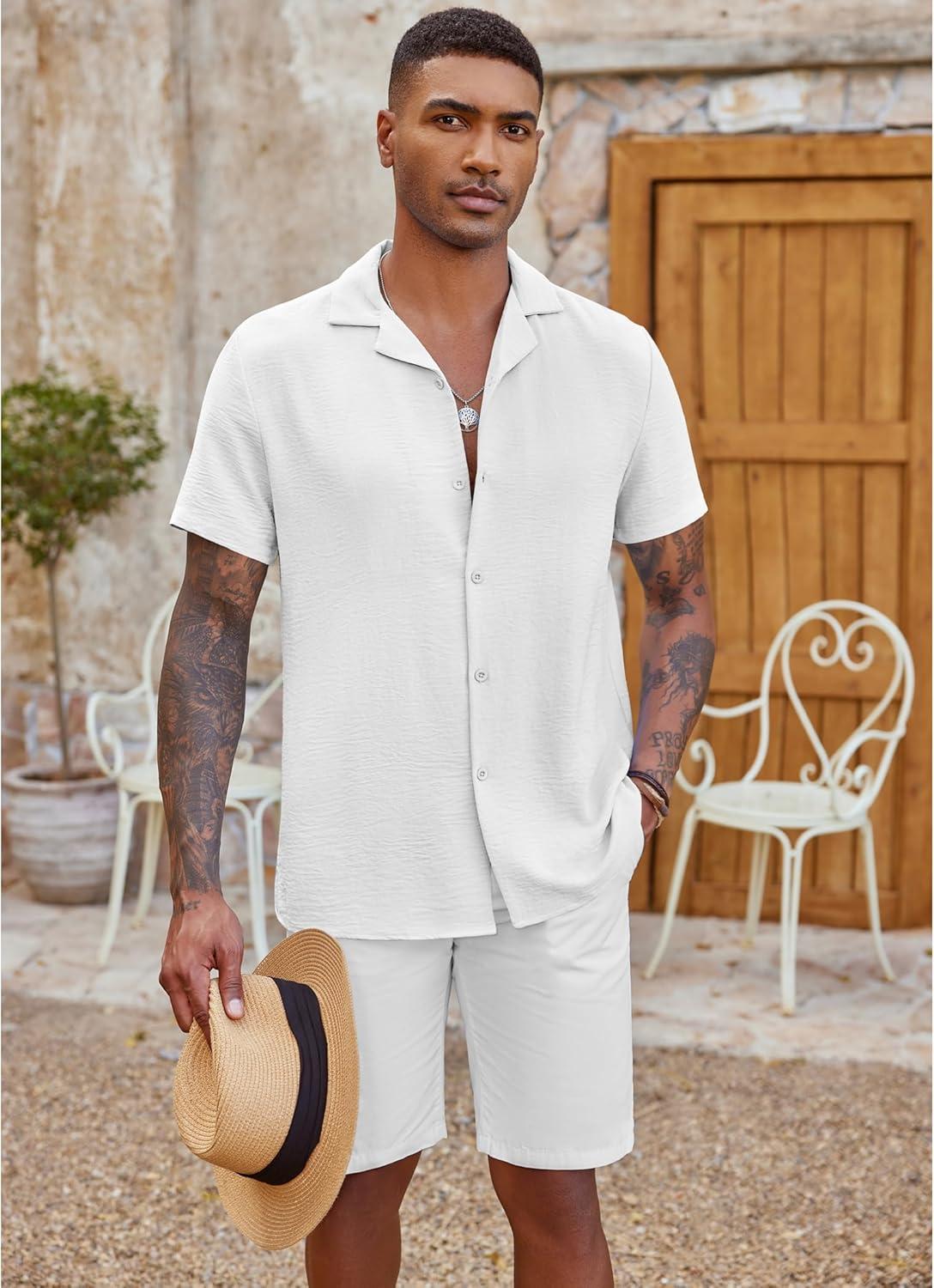 imageCOOFANDY Mens Casual Button Down Shirt Short Sleeve Textured Summer Cuban Beach ShirtsWhite