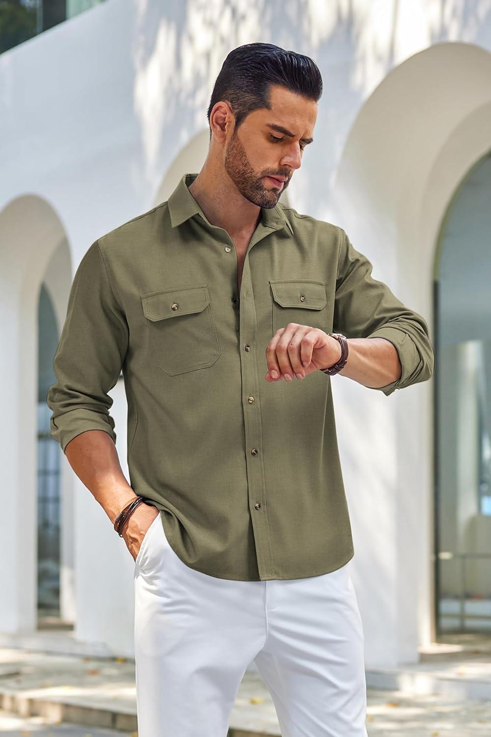 imageCOOFANDY Mens Casual Button Down Shirts Long Sleeve WrinkleFree Shirt Lightweight Shirt JacketArmy Green