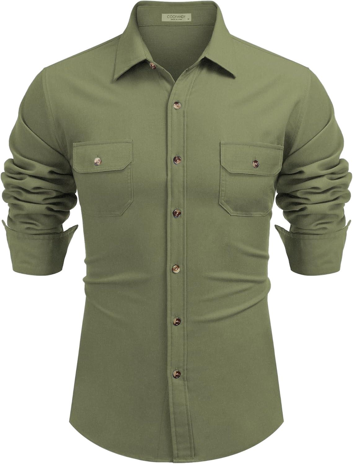 imageCOOFANDY Mens Casual Button Down Shirts Long Sleeve WrinkleFree Shirt Lightweight Shirt JacketArmy Green