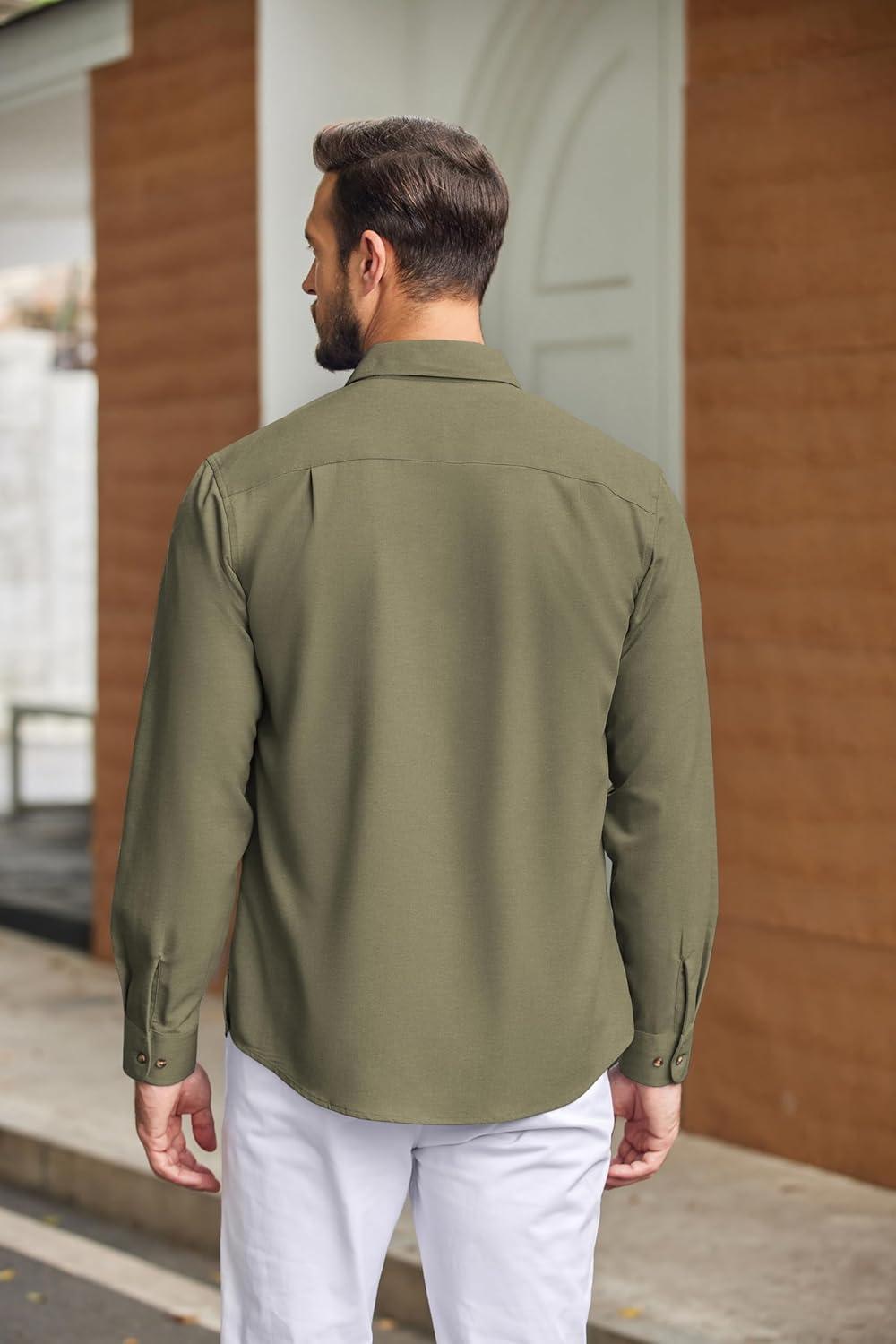 imageCOOFANDY Mens Casual Button Down Shirts Long Sleeve WrinkleFree Shirt Lightweight Shirt JacketArmy Green