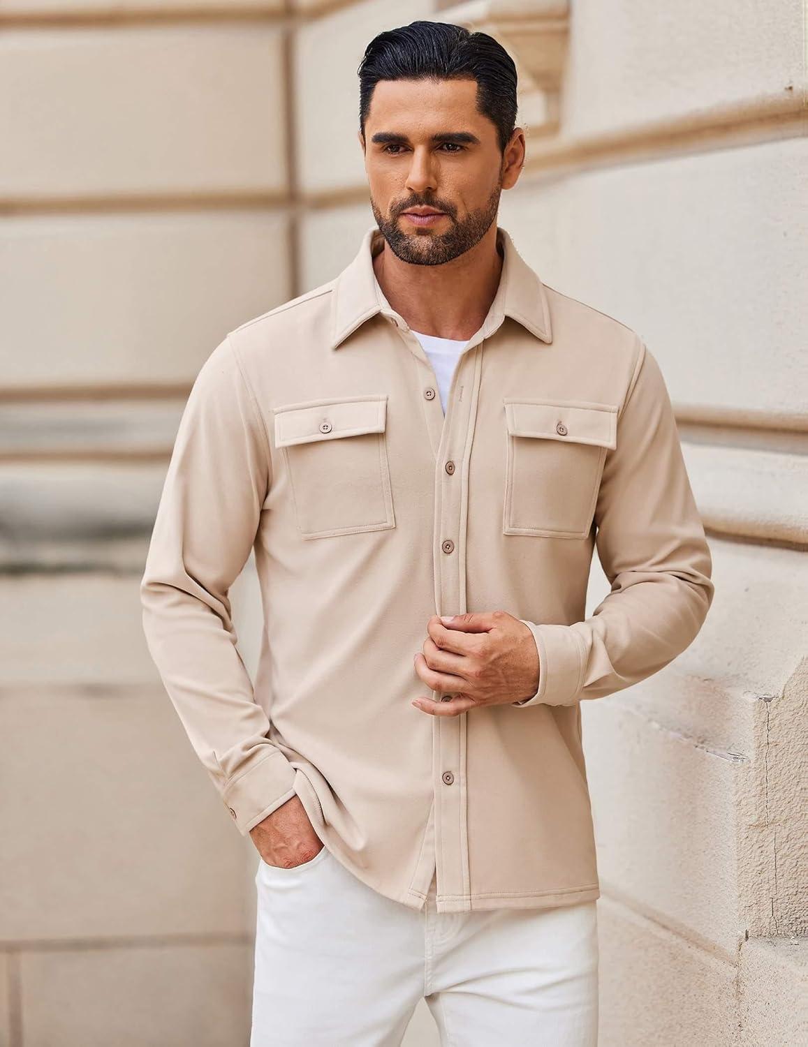 imageCOOFANDY Mens Casual Button Down Shirts Long Sleeve WrinkleFree Shirt Lightweight Shirt JacketBeige
