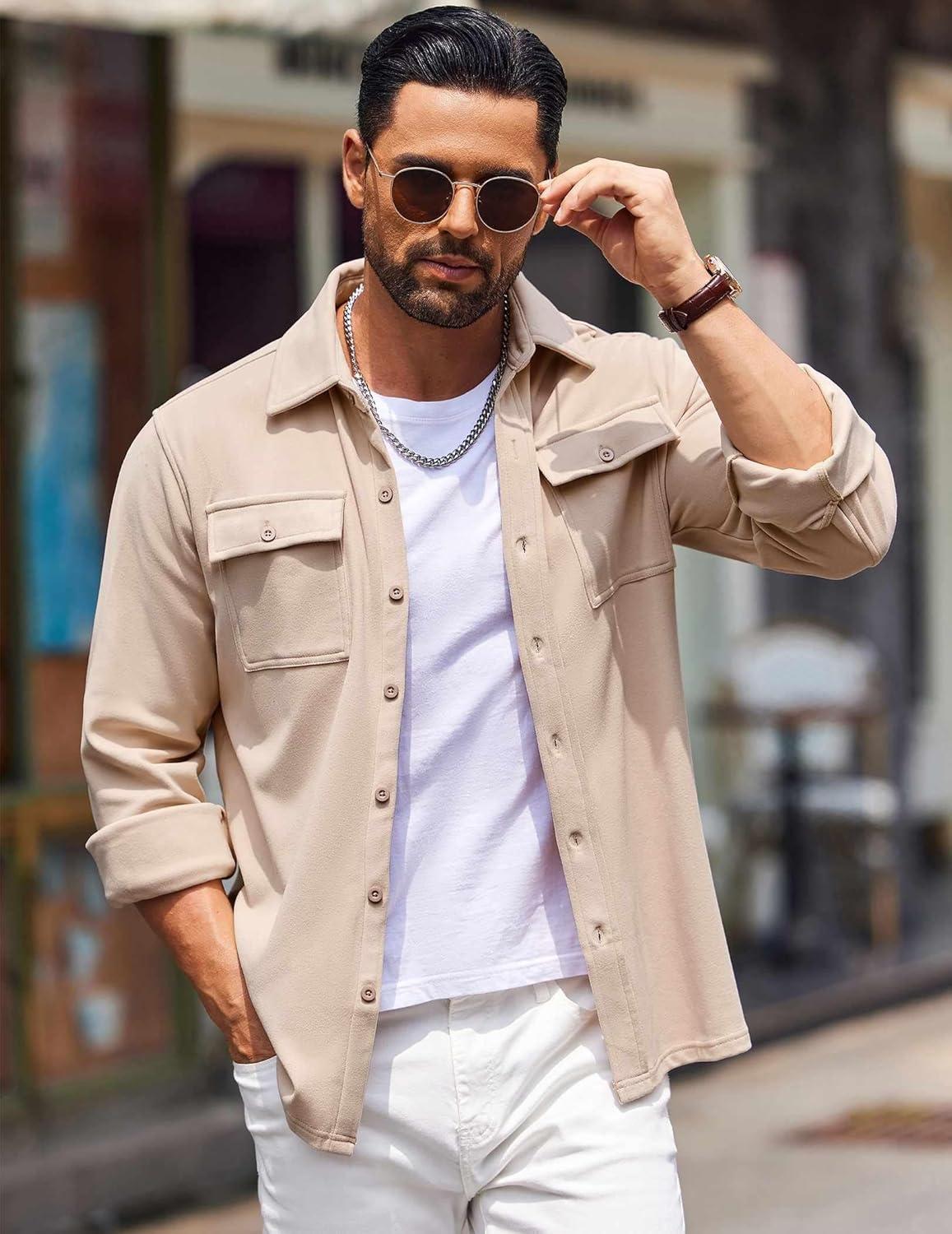 imageCOOFANDY Mens Casual Button Down Shirts Long Sleeve WrinkleFree Shirt Lightweight Shirt JacketBeige