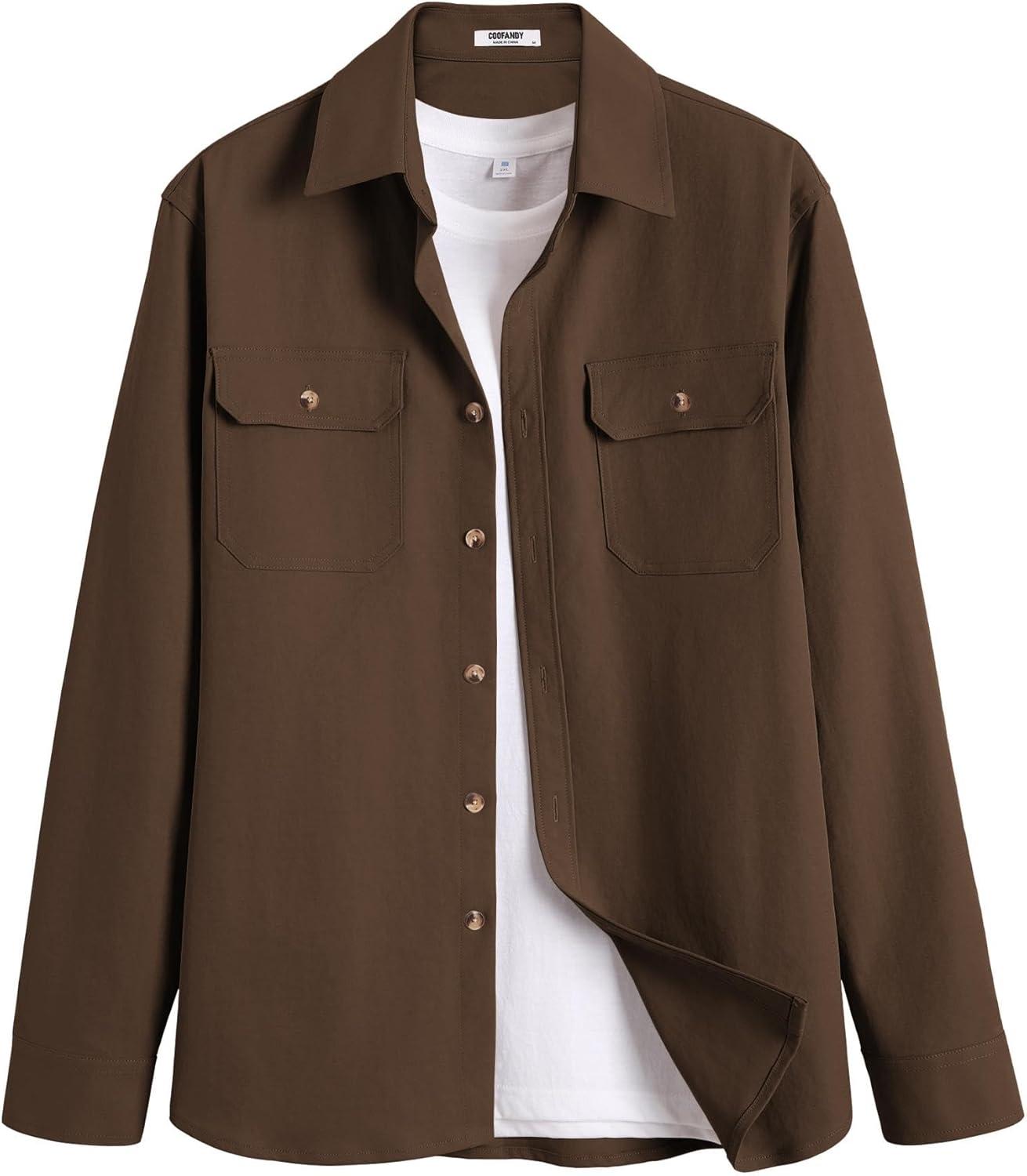 imageCOOFANDY Mens Casual Button Down Shirts Long Sleeve WrinkleFree Shirt Lightweight Shirt JacketBrown