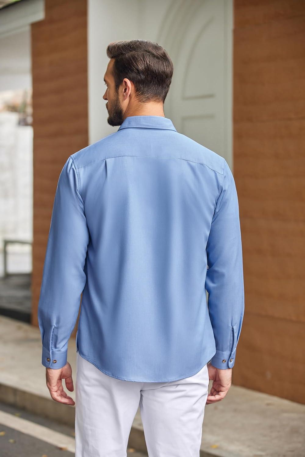 imageCOOFANDY Mens Casual Button Down Shirts Long Sleeve WrinkleFree Shirt Lightweight Shirt JacketLight Blue