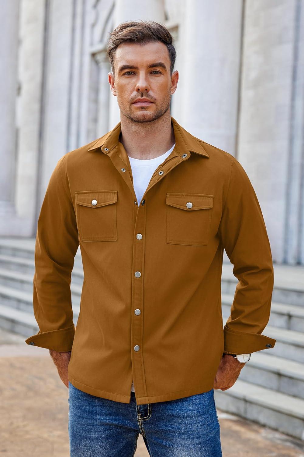 imageCOOFANDY Mens Casual Button Down Shirts Long Sleeve WrinkleFree Shirt Lightweight Shirt JacketLight Brown