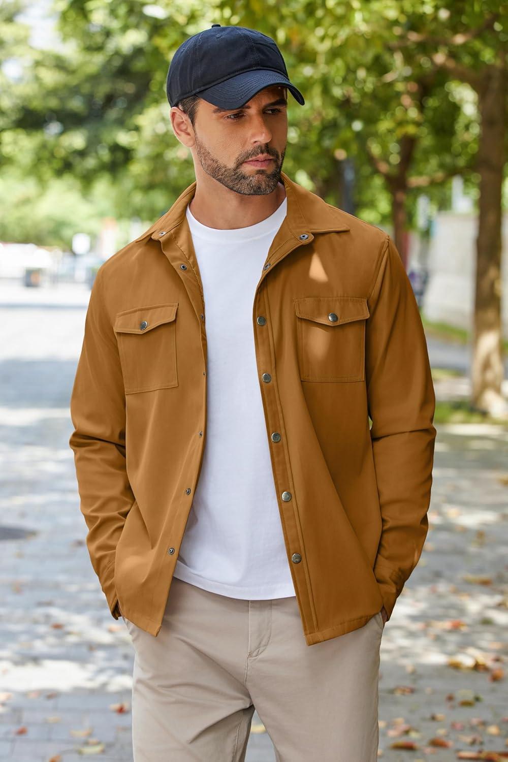 imageCOOFANDY Mens Casual Button Down Shirts Long Sleeve WrinkleFree Shirt Lightweight Shirt JacketLight Brown