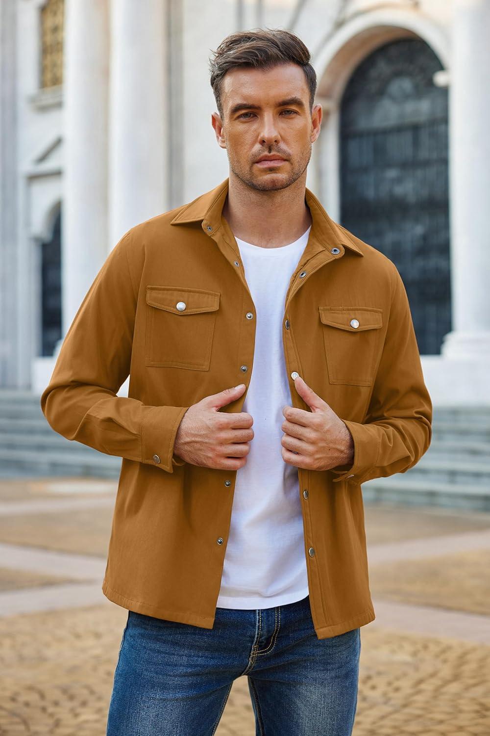 imageCOOFANDY Mens Casual Button Down Shirts Long Sleeve WrinkleFree Shirt Lightweight Shirt JacketLight Brown