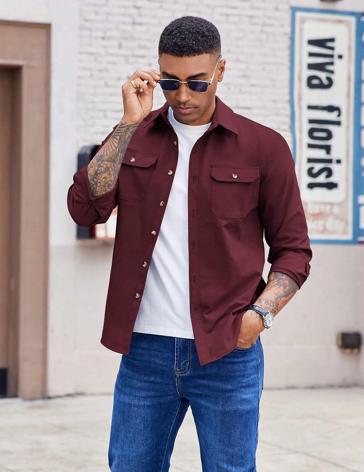 imageCOOFANDY Mens Casual Button Down Shirts Long Sleeve WrinkleFree Shirt Lightweight Shirt JacketWine Red