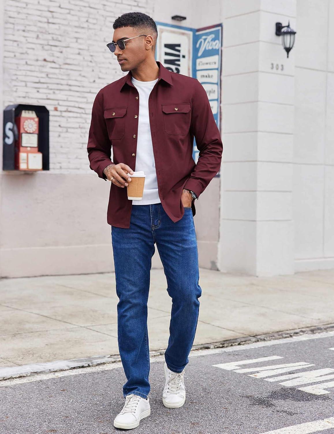 imageCOOFANDY Mens Casual Button Down Shirts Long Sleeve WrinkleFree Shirt Lightweight Shirt JacketWine Red