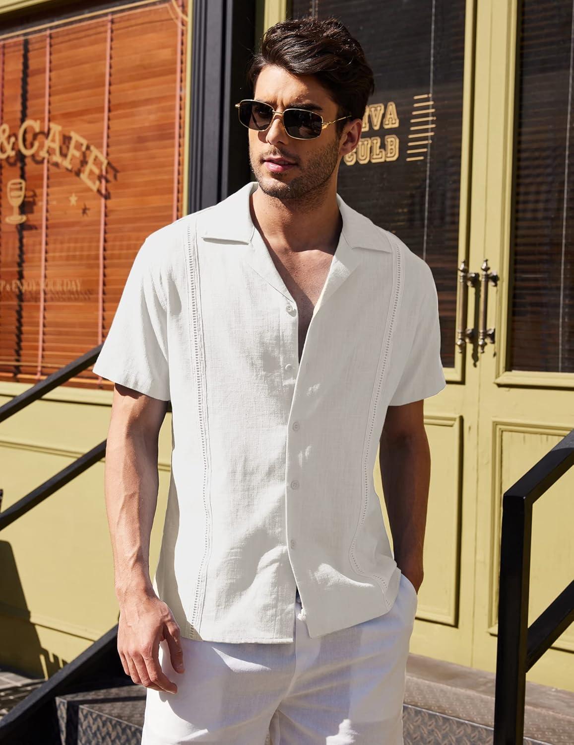 imageCOOFANDY Mens Casual Button Down Shirts Short Sleeve Summer Beach Shirt Fashion Textured Shirts with PocketA White