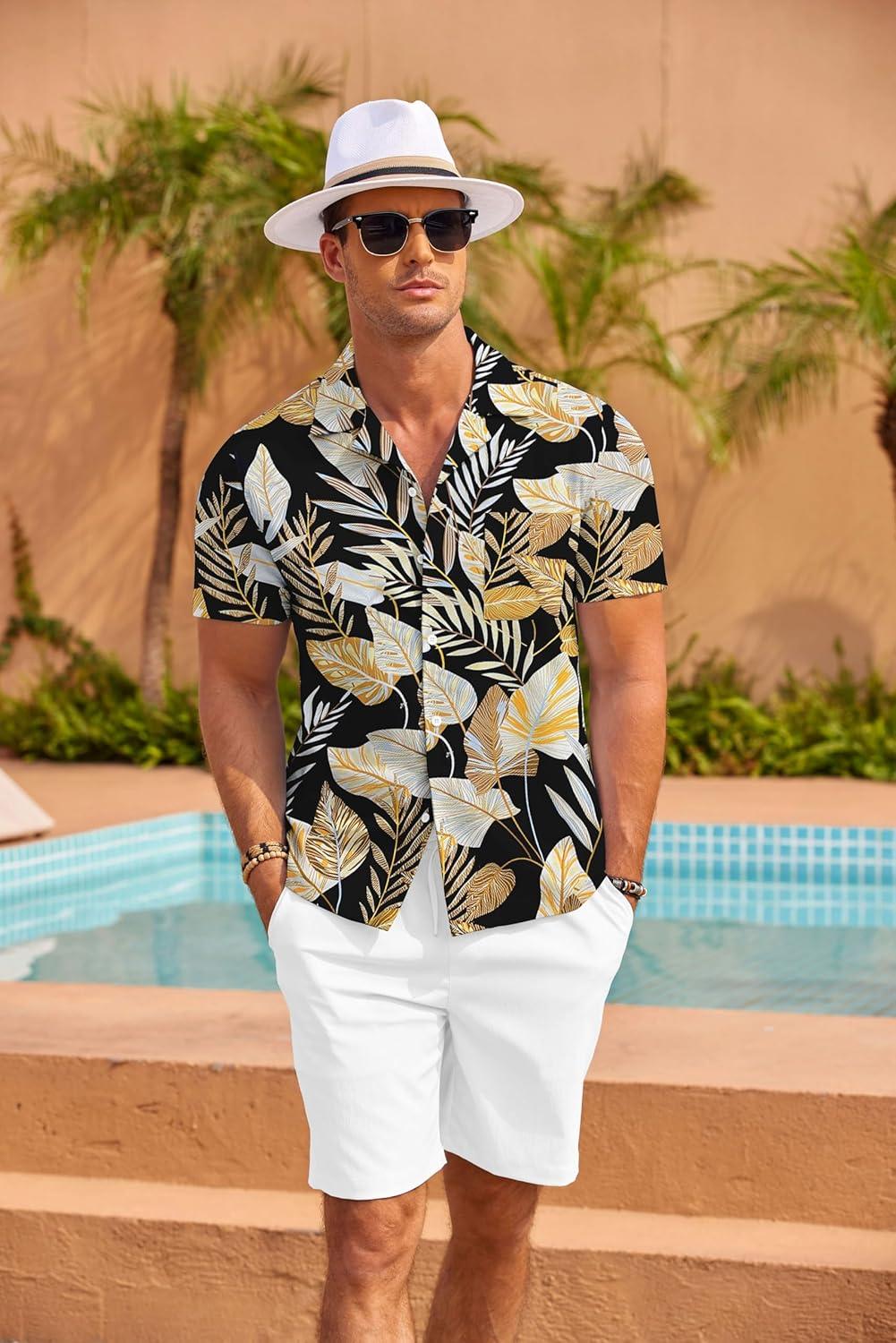 imageCOOFANDY Mens Casual Button Down Shirts Short Sleeve Summer Beach Shirt Fashion Textured Shirts with PocketBlack Palm Leaf