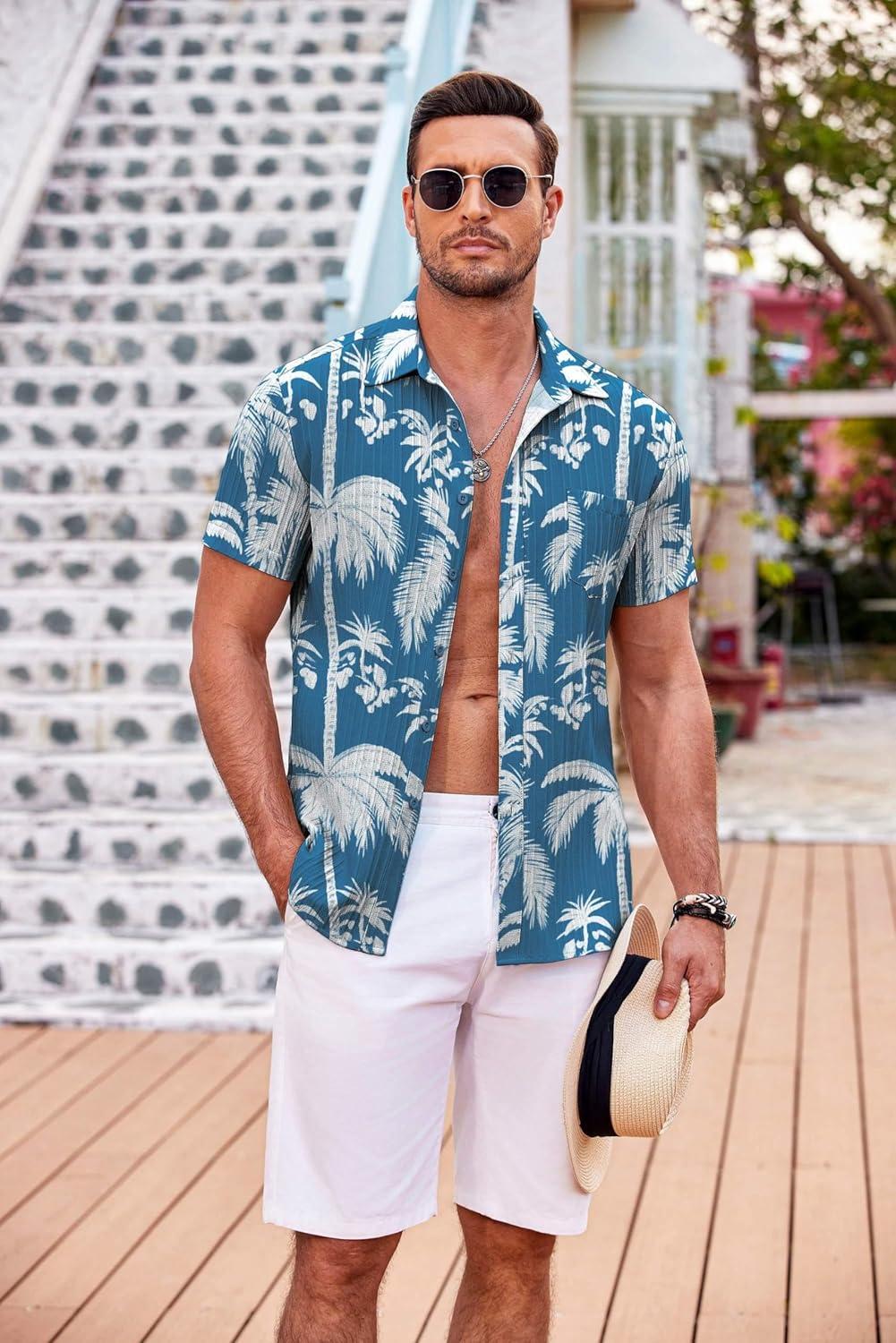 imageCOOFANDY Mens Casual Button Down Shirts Short Sleeve Summer Beach Shirt Fashion Textured Shirts with PocketBluecoconut Tree