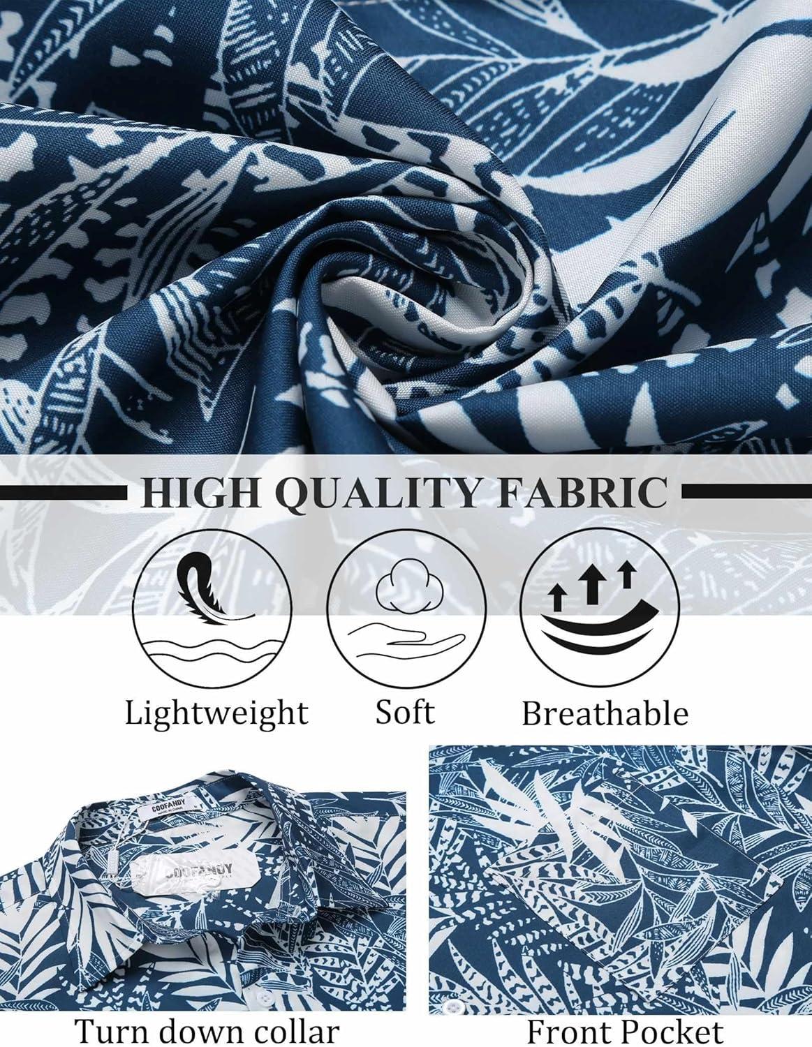 imageCOOFANDY Mens Casual Button Down Shirts Short Sleeve Summer Beach Shirt Fashion Textured Shirts with PocketBluewhite Leaves