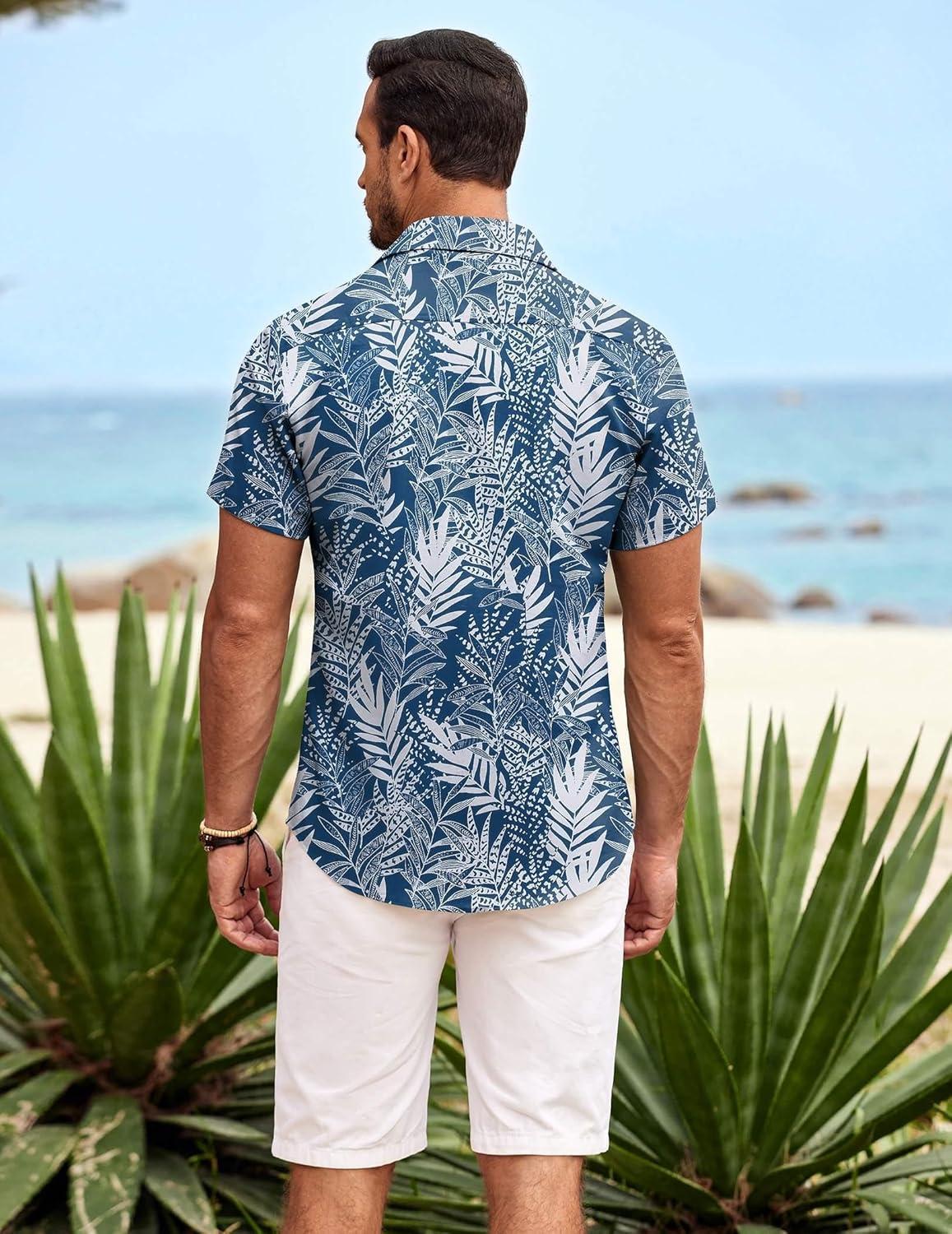 imageCOOFANDY Mens Casual Button Down Shirts Short Sleeve Summer Beach Shirt Fashion Textured Shirts with PocketBluewhite Leaves
