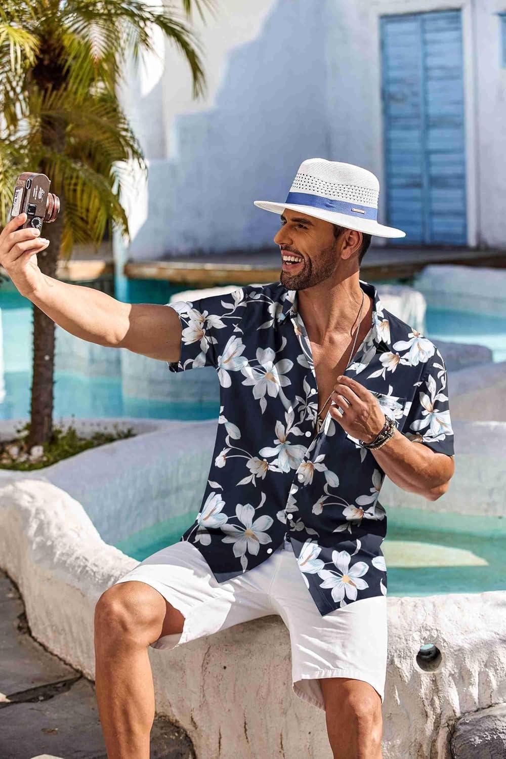 imageCOOFANDY Mens Casual Button Down Shirts Short Sleeve Summer Beach Shirt Fashion Textured Shirts with PocketNavy Flower 3