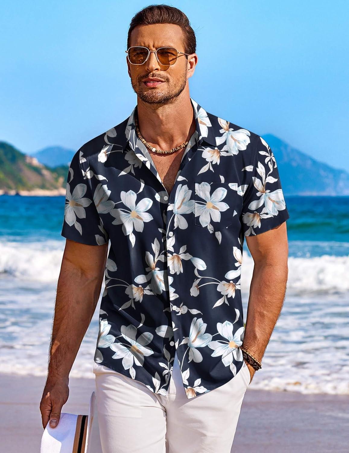 imageCOOFANDY Mens Casual Button Down Shirts Short Sleeve Summer Beach Shirt Fashion Textured Shirts with PocketNavy Flower 3
