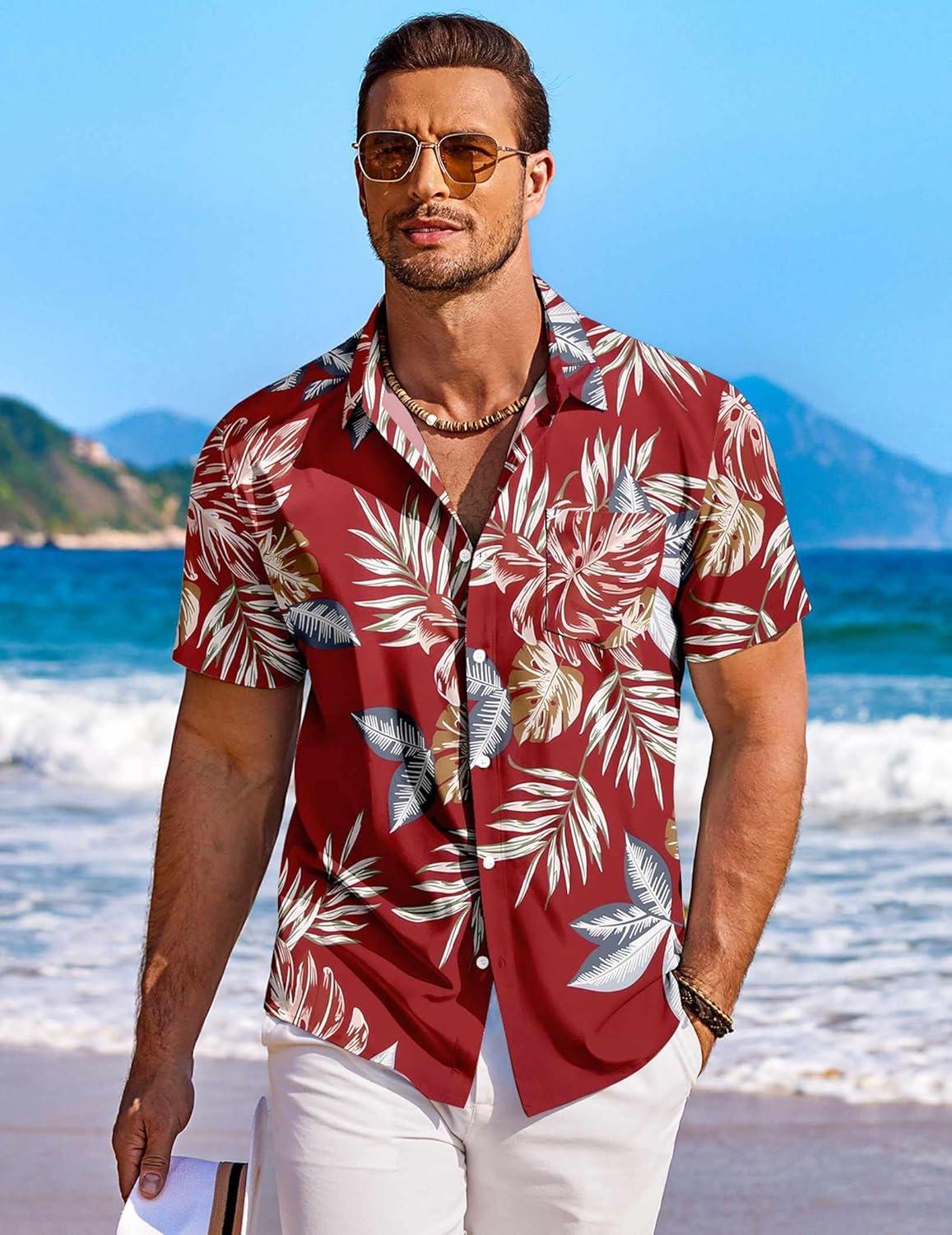 imageCOOFANDY Mens Casual Button Down Shirts Short Sleeve Summer Beach Shirt Fashion Textured Shirts with PocketRed Tropical Leaf
