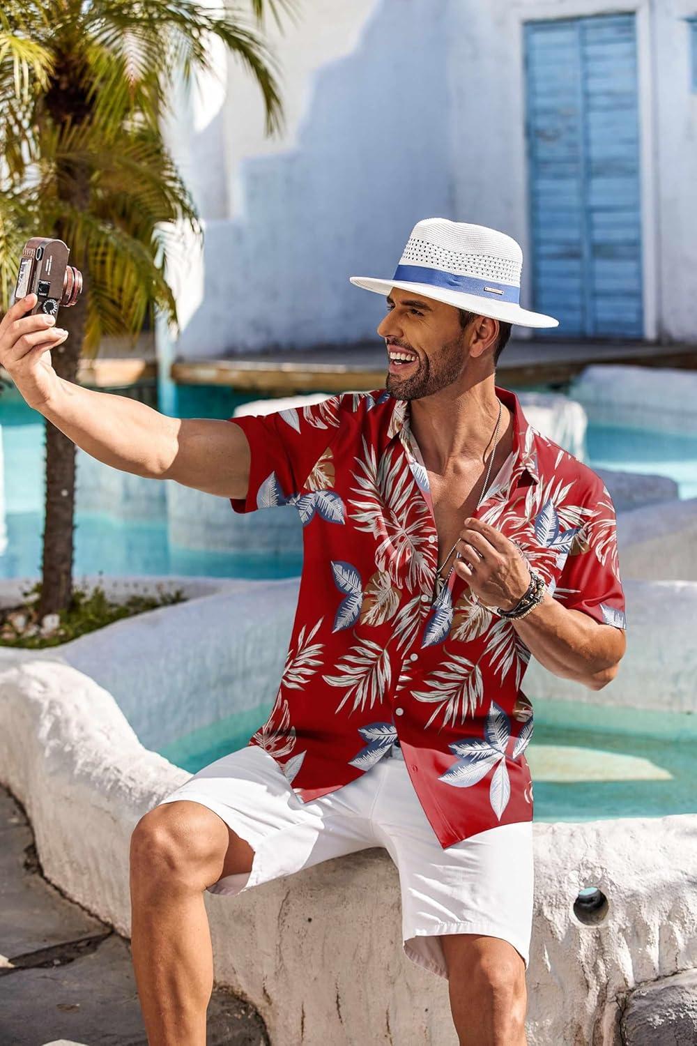 imageCOOFANDY Mens Casual Button Down Shirts Short Sleeve Summer Beach Shirt Fashion Textured Shirts with PocketRed Tropical Leaf