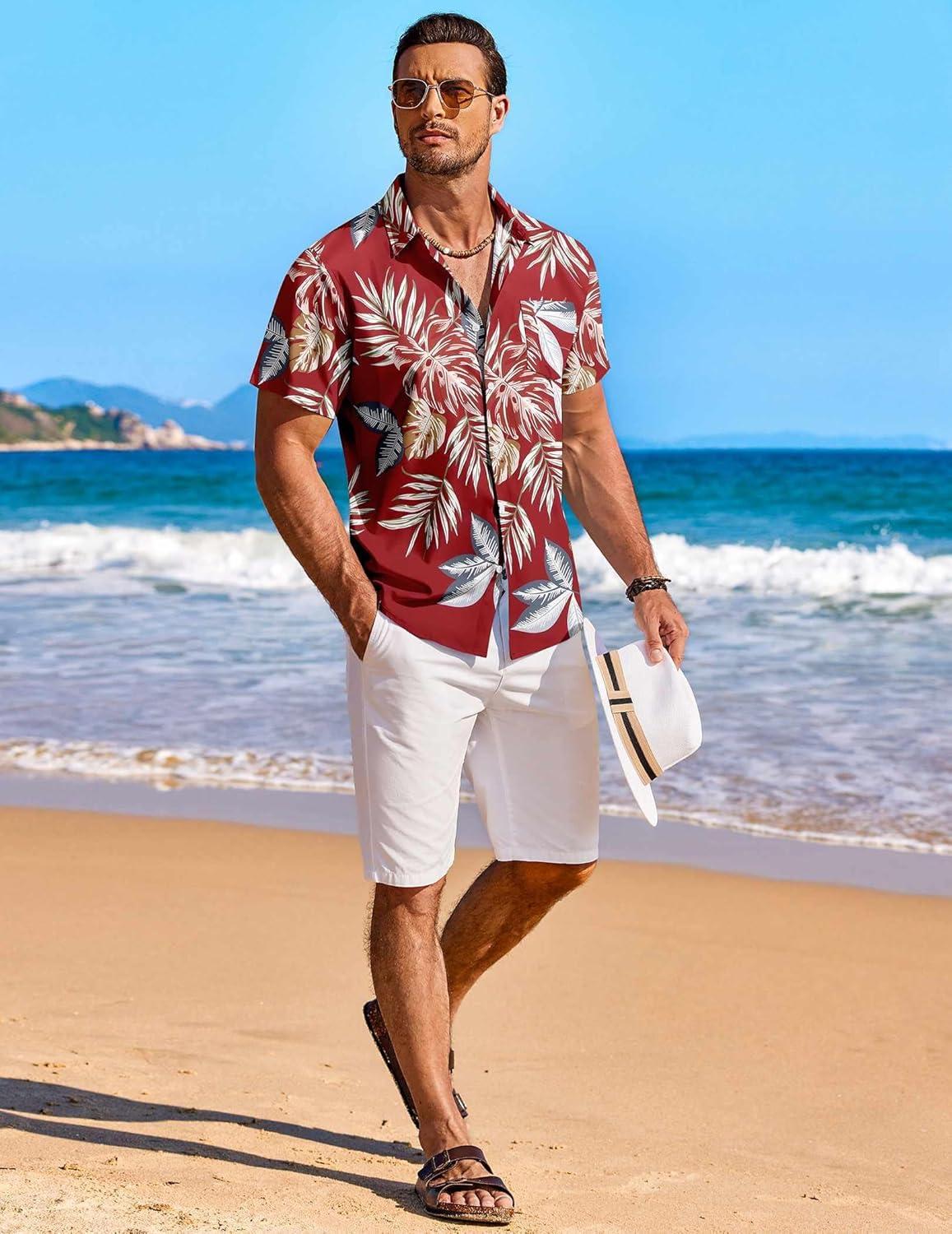 imageCOOFANDY Mens Casual Button Down Shirts Short Sleeve Summer Beach Shirt Fashion Textured Shirts with PocketRed Tropical Leaf
