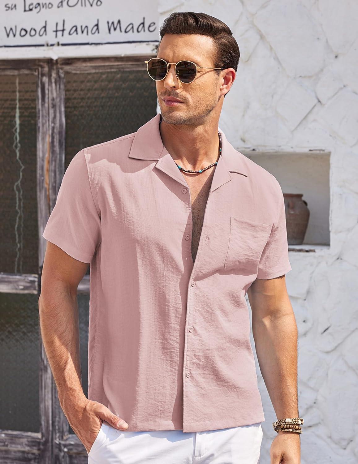 imageCOOFANDY Mens Casual Button Down Shirts Short Sleeve Summer Cuban Vacation Beach ShirtsPink