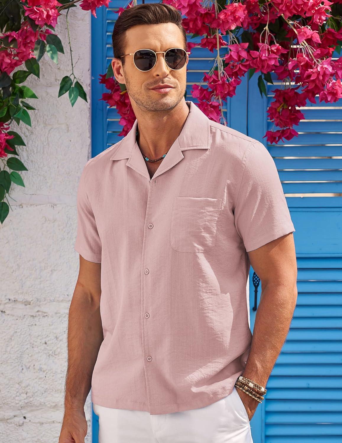 imageCOOFANDY Mens Casual Button Down Shirts Short Sleeve Summer Cuban Vacation Beach ShirtsPink