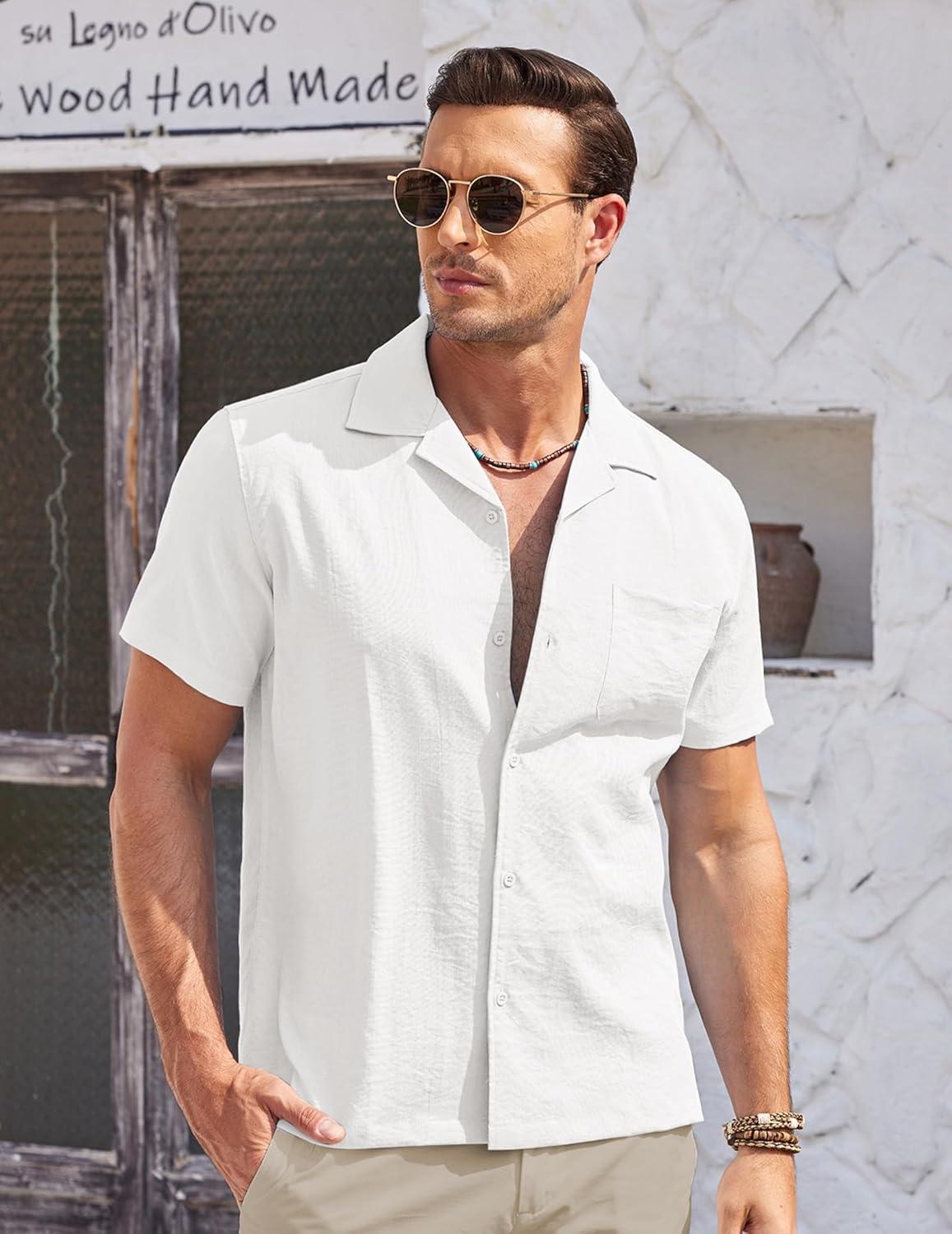 imageCOOFANDY Mens Casual Button Down Shirts Short Sleeve Summer Cuban Vacation Beach ShirtsWhite