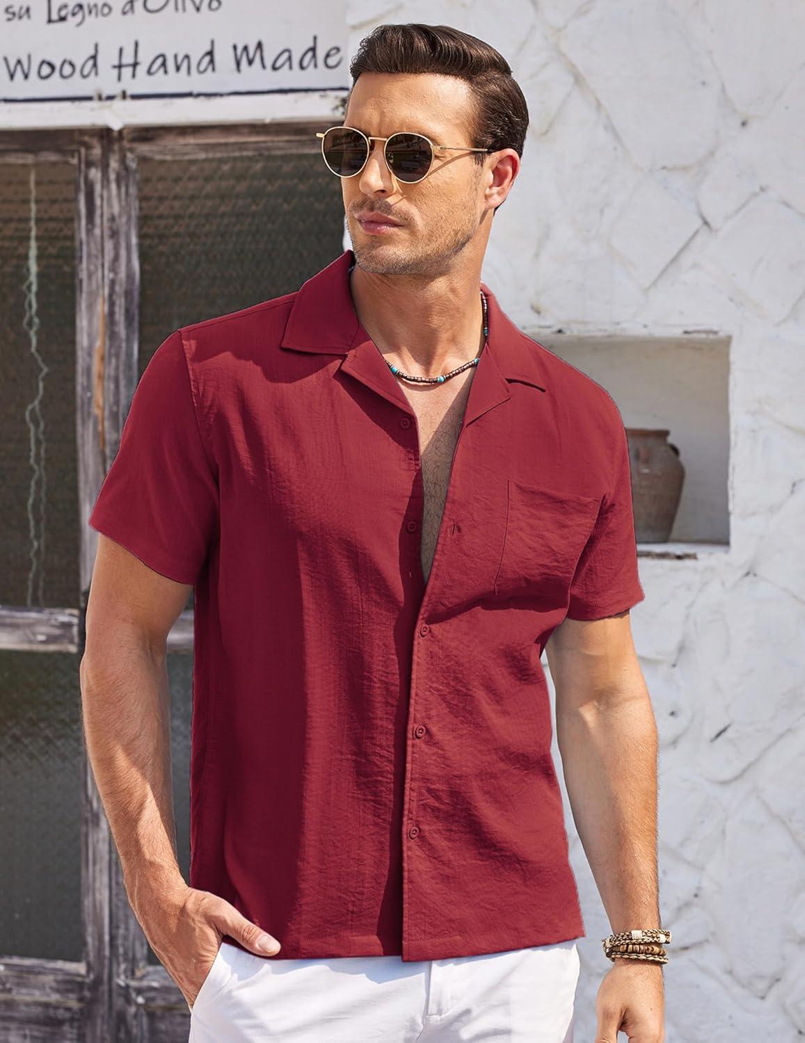 imageCOOFANDY Mens Casual Button Down Shirts Short Sleeve Summer Cuban Vacation Beach ShirtsWine Red
