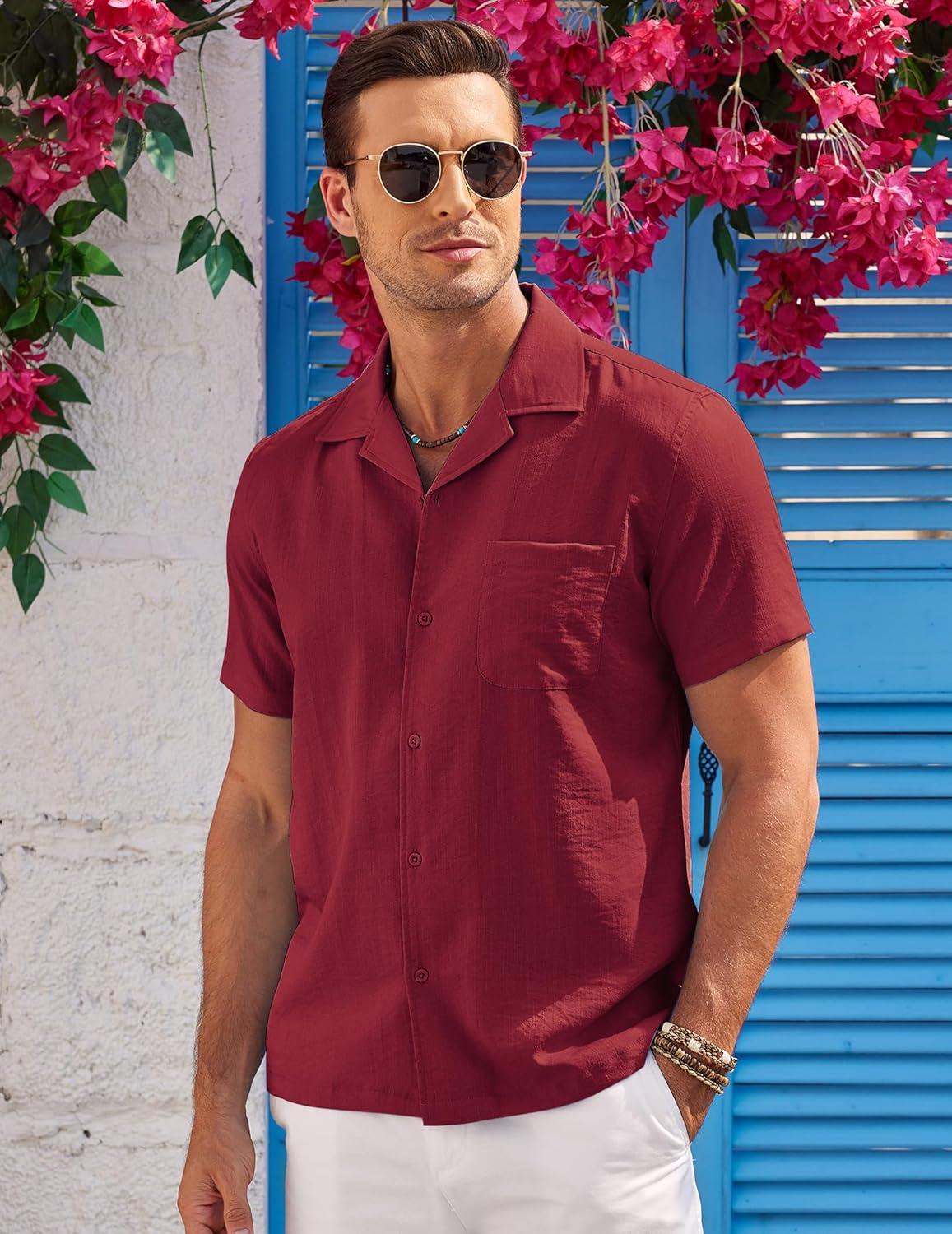 imageCOOFANDY Mens Casual Button Down Shirts Short Sleeve Summer Cuban Vacation Beach ShirtsWine Red