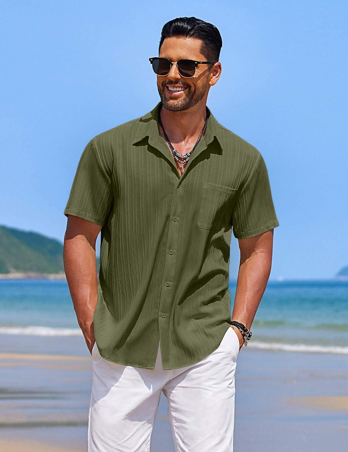 imageCOOFANDY Mens Casual Button Down Shirts Short Sleeve Textured Shirt Summer Beach Shirts for MenArmy Green