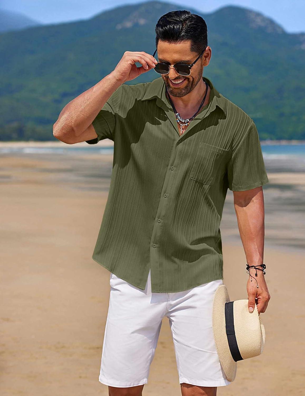 imageCOOFANDY Mens Casual Button Down Shirts Short Sleeve Textured Shirt Summer Beach Shirts for MenArmy Green