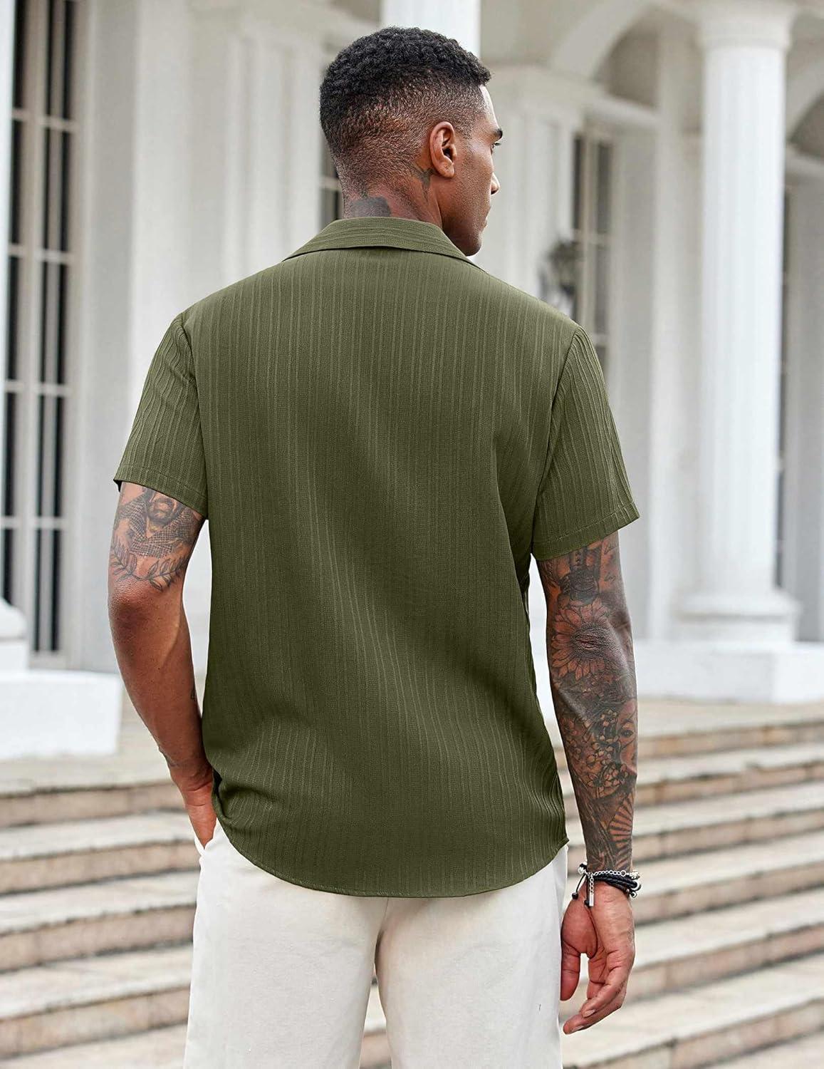 imageCOOFANDY Mens Casual Button Down Shirts Short Sleeve Textured Shirt Summer Beach Shirts for MenArmy Green