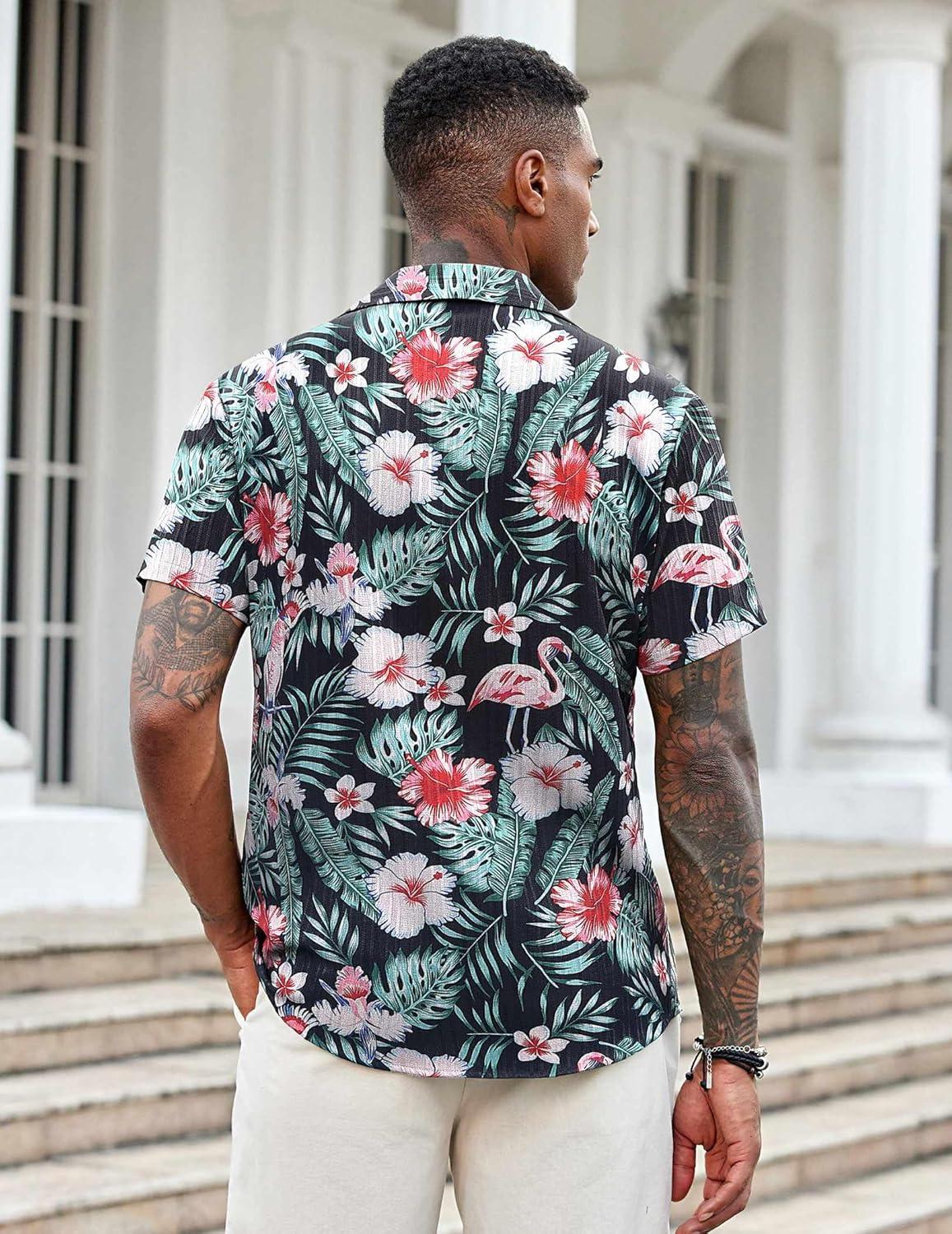 imageCOOFANDY Mens Casual Button Down Shirts Short Sleeve Textured Shirt Summer Beach Shirts for MenBlackflowers