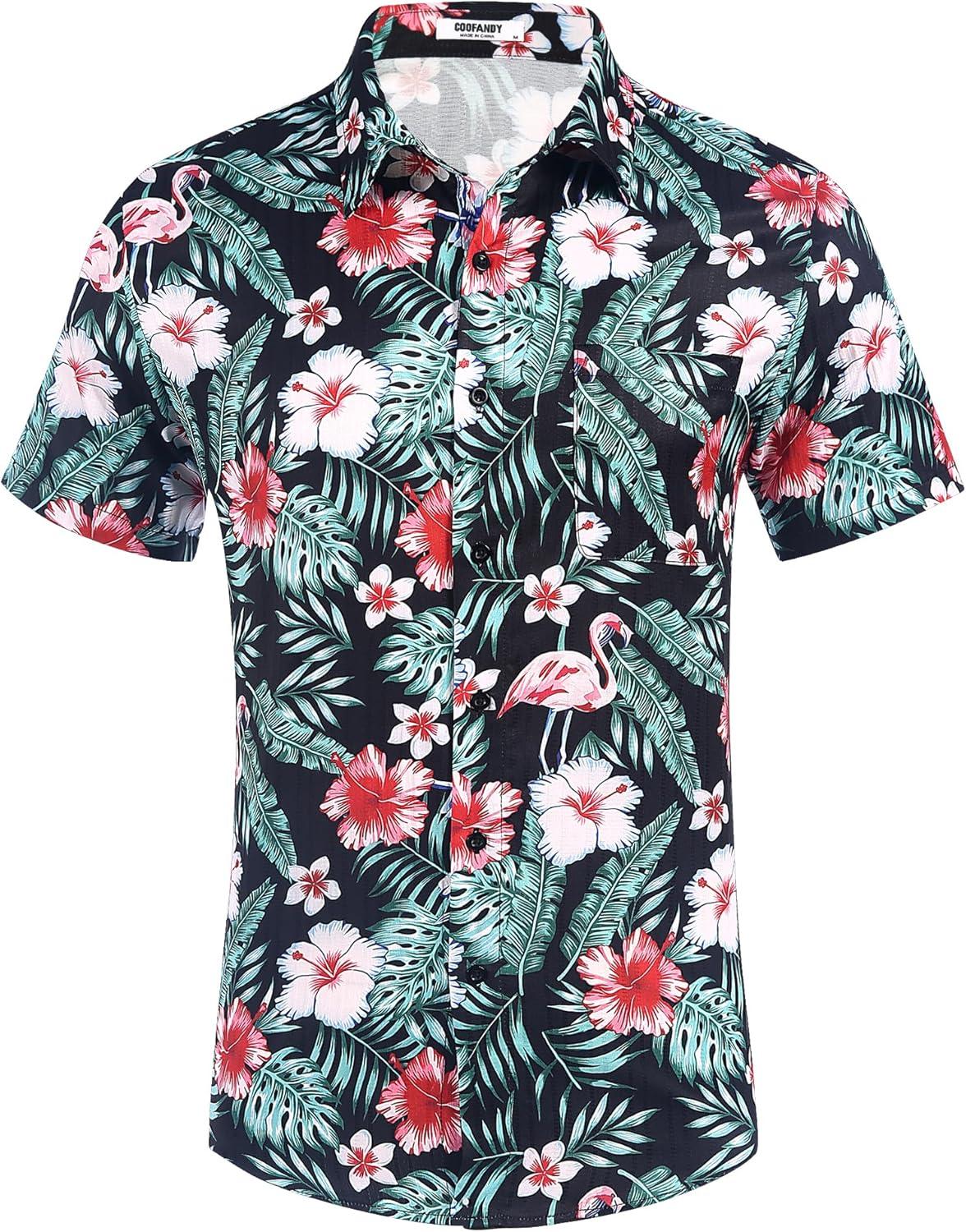 imageCOOFANDY Mens Casual Button Down Shirts Short Sleeve Textured Shirt Summer Beach Shirts for MenBlackflowers