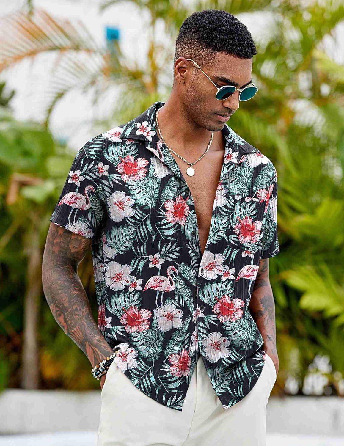 imageCOOFANDY Mens Casual Button Down Shirts Short Sleeve Textured Shirt Summer Beach Shirts for MenBlackflowers