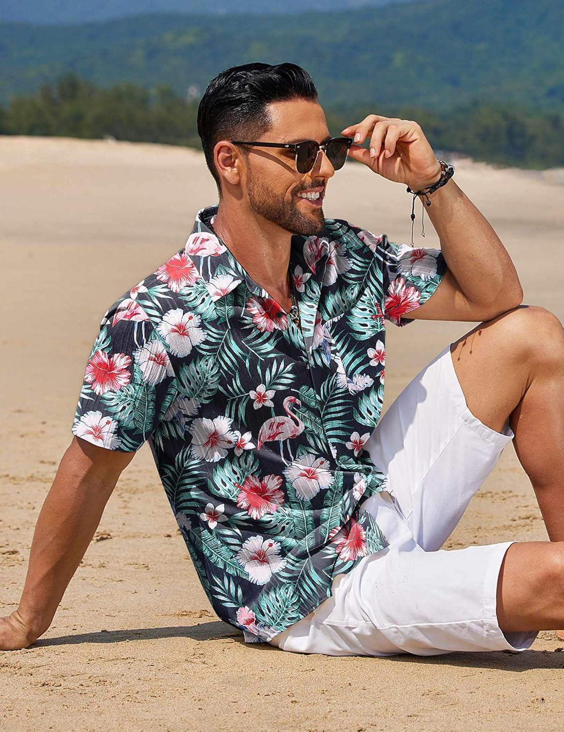 imageCOOFANDY Mens Casual Button Down Shirts Short Sleeve Textured Shirt Summer Beach Shirts for MenBlackflowers