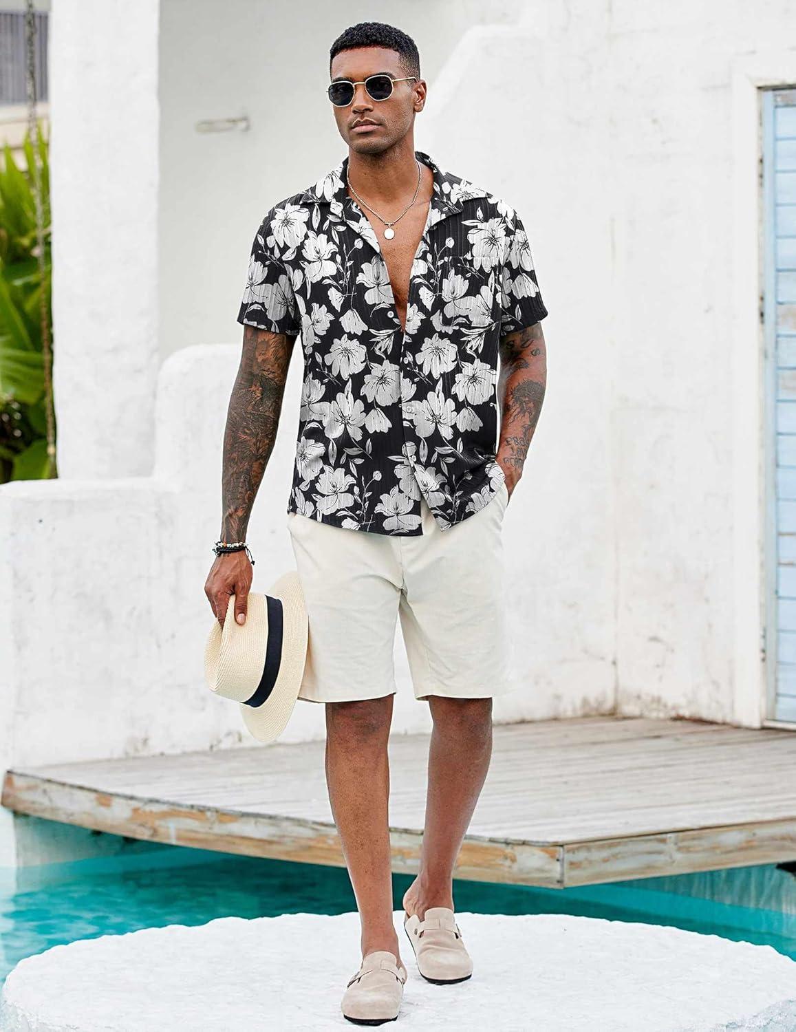 imageCOOFANDY Mens Casual Button Down Shirts Short Sleeve Textured Shirt Summer Beach Shirts for MenBlackwhite Floral