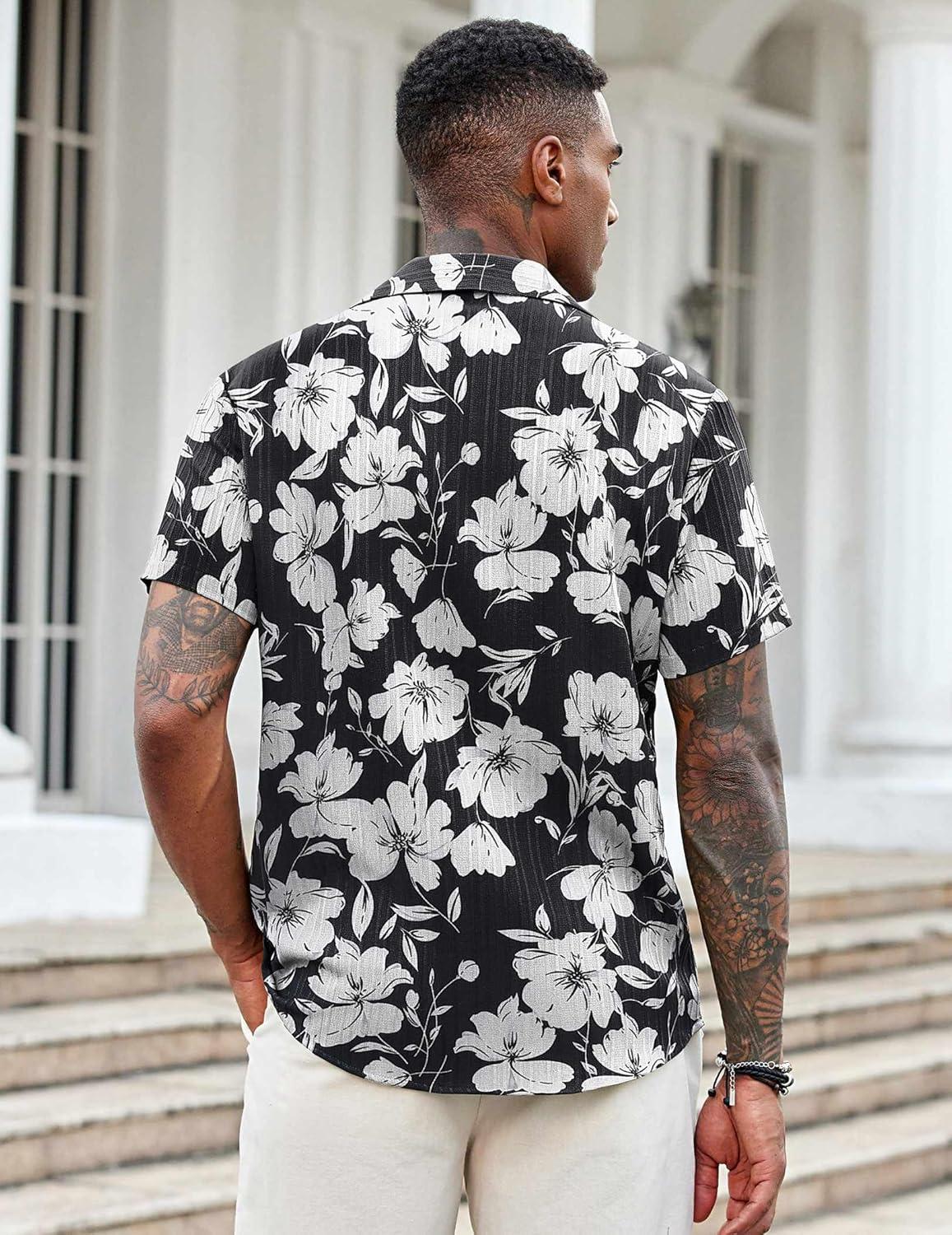 imageCOOFANDY Mens Casual Button Down Shirts Short Sleeve Textured Shirt Summer Beach Shirts for MenBlackwhite Floral