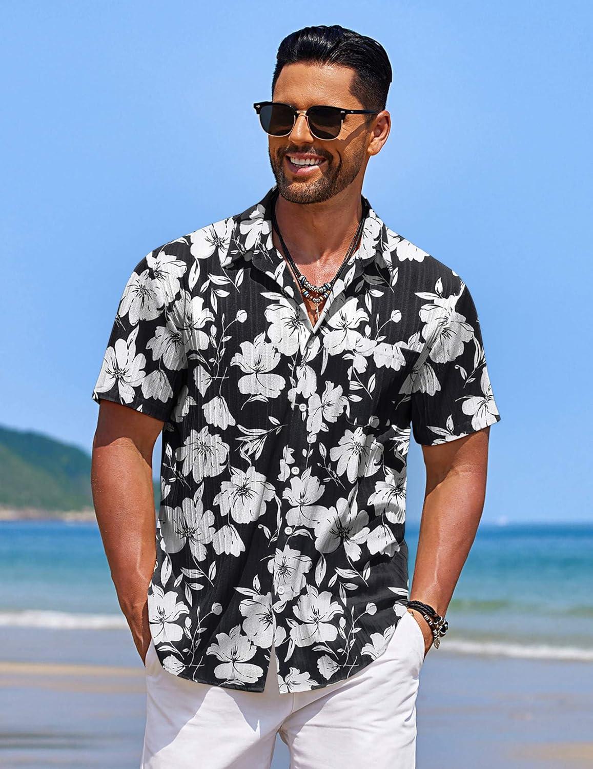 imageCOOFANDY Mens Casual Button Down Shirts Short Sleeve Textured Shirt Summer Beach Shirts for MenBlackwhite Floral