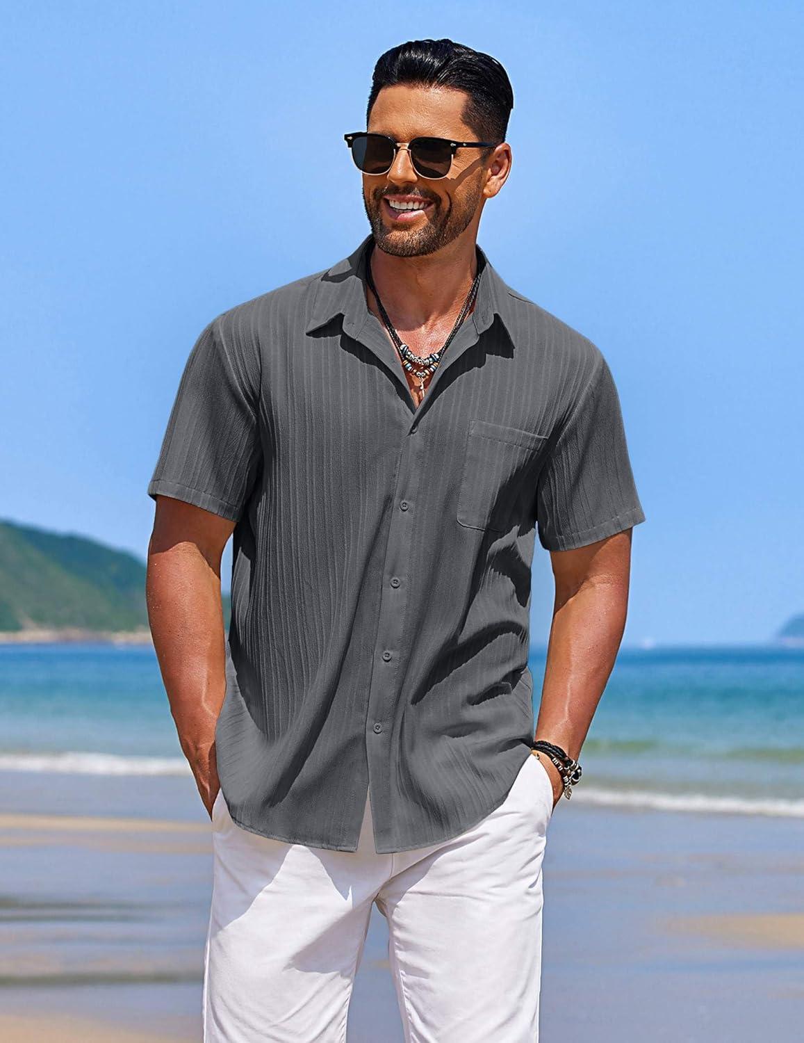 imageCOOFANDY Mens Casual Button Down Shirts Short Sleeve Textured Shirt Summer Beach Shirts for MenDark Grey